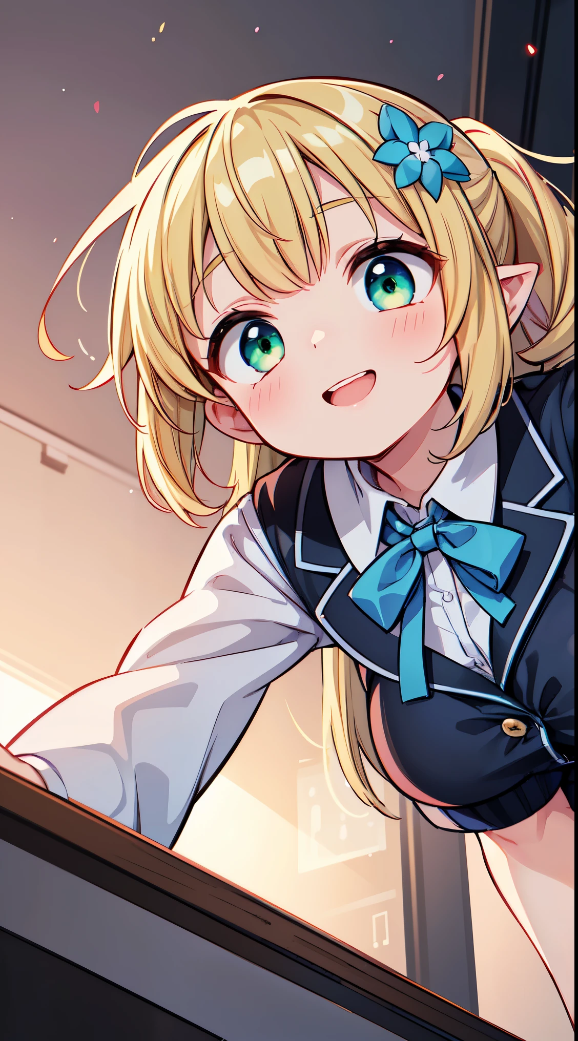 (super fine illustration:1.2),(masterpiece, 8k), (best quality, high quality:1.4), perfect anatomy, hyper detailed, ultra detailed,masterpiece background,beautiful detailed background, v8k wallpaper,perfect design,award-winning art,atmospheric,,
BREAK, 1 beautiful girl, girl, (cute:1.5),(Little:0.5),(cute:2.0),(change:2.0),( girl),(big breasts:1.65),(chin hair,blonde,blue bow,green eyes,Eyebrows visible through the hair,side lock,long hair with bangs parted, hair flower, hair ornaments, big ribbon in hair, curly hair, ponytail:1.6),:he, white feathers, one thin white wing, Ang he wings, spread your wings, shining wings),pit \black},glowing skin, beautiful skin, Shining beautiful skin, open your mouth, bashful smile, alone, tooth, upper teeth,(long eyheashes, double eyheids:1.2),alone, glowing skin, beautiful skin, Shining beautiful skin,(highest quality face),(highest quality shining eyes,
BREAK, school uniform, blazer style,
classroom, sunset sky, back lighting,
late, mid,
BREAK,wakame,wakame,wakame,(looking up,from below:1.5)
BREAK,(Blurry background:1.3),(absurderes, hight resolution, Super Detail Art),cel shading,Clear Color, Lonely optical effect, Beautiful pictures, Bright glow, mystic atmosphere,(Close-up of girl:0.7), Mystical light particle effect,manga influence, clean line drawings,