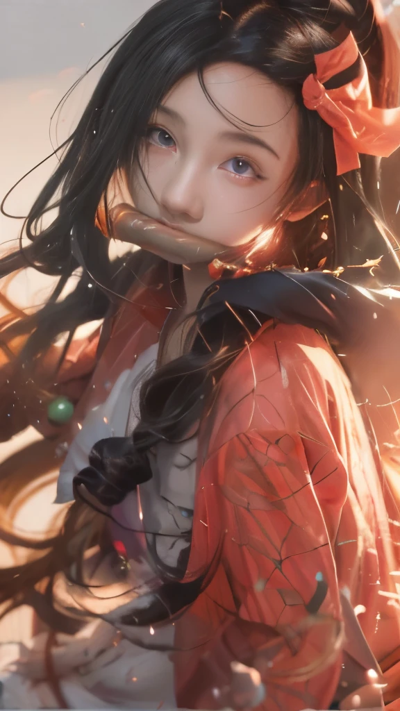 anime girl with long hair and a red bow holding a knife, clean detailed anime art, nezuko, nezuko-chan, detailed anime artwork, detailed digital anime art, anime illustration, detailed anime art, demon slayer artstyle, beautiful anime artwork, artwork in the style of guweiz, beautiful anime portrait, anime style 4 k, detailed anime character art