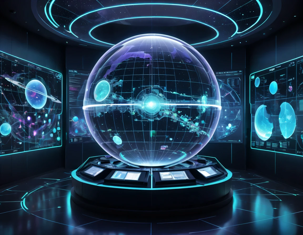 high tech会议大厅中间有未来派transparent空灵天文图,3D astronomical map,Holographic projection astronomical map,Map of cosmic galaxies,spherical,transparent,cyberpunk,X-ray,fluorescence,neon lights,high tech,command hall,Control lobby