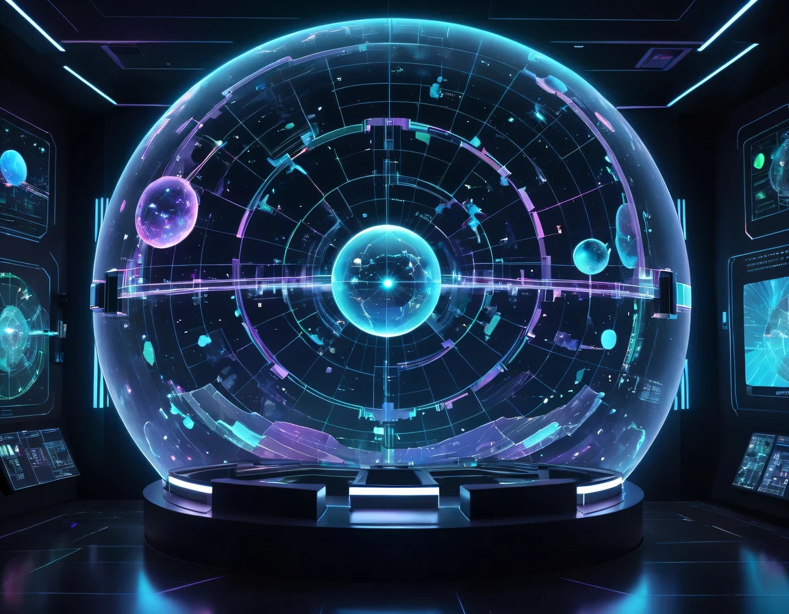 high tech会议大厅中间有未来派transparent空灵天文图,3D astronomical map,Holographic projection astronomical map,Map of cosmic galaxies,spherical,transparent,cyberpunk,X-ray,fluorescence,neon lights,high tech,command hall,Control lobby