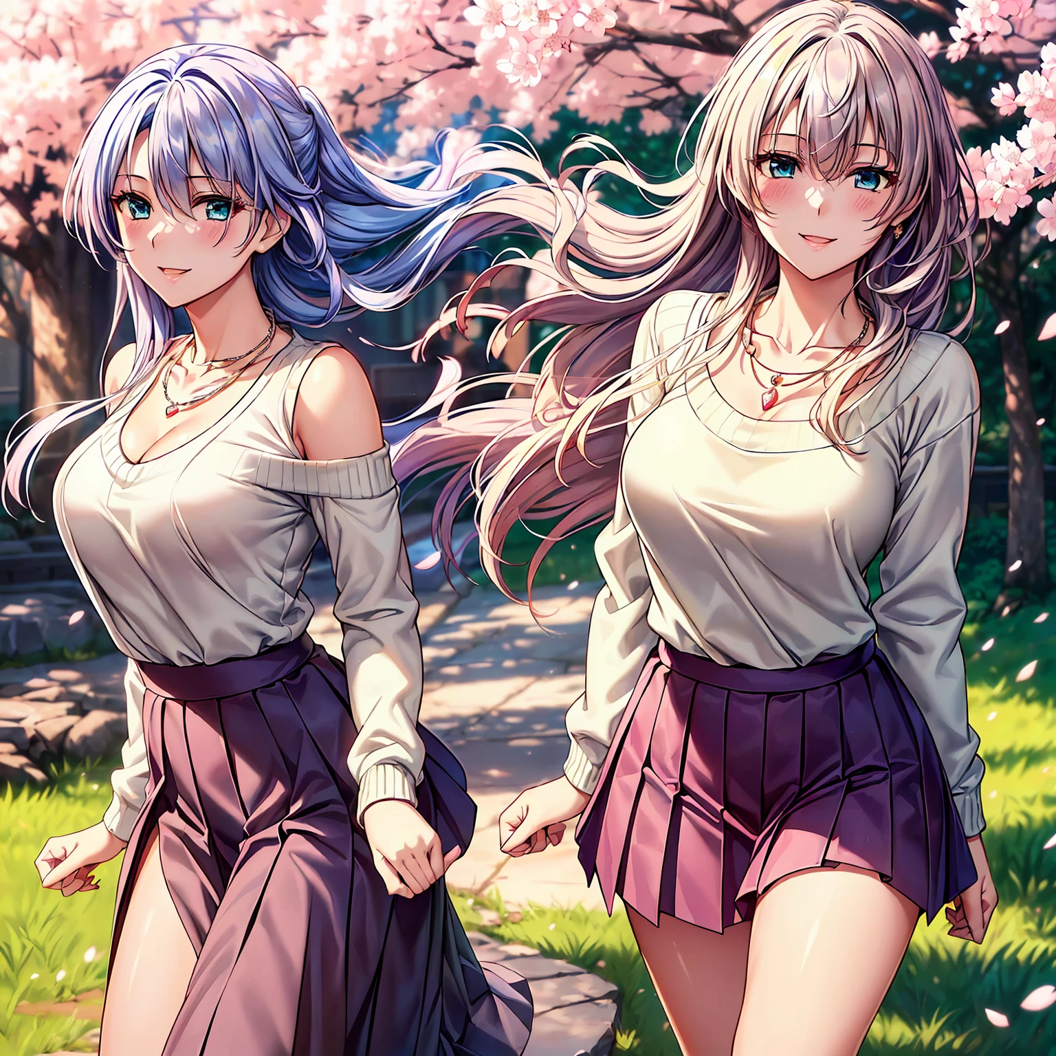(((highest quality,masterpiece,very high resolution,Super high quality,perfect pixel))), (((Exquisite beauty:1 person,perfect body,Beautiful face is detailed, blush、cute face、beautiful outline、smile, open your mouth))),((long hair, neat bangs, beautiful hair texture)),((Beautiful slit eyes,beautiful eyes,strong-willed eyes, beautiful eyelashes, realistic eyes)), ((beautiful breasts,beautiful feet)),((sweater:color and pattern,pleated skirt:pattern and color, 1 diamond necklace,Clothing that exposes the shoulders,Clothing that exposes the thighs,Excellent fashion sense)),(realistic skin texture,realistic texture:,RAW photo,Anime CG style, Bright colors), (standing posture,dynamic angle,dynamic pose, model shoot), (garden,Cherry blossom tree-lined path, Cherry tree, Cherry blossoms fall,the wind is blowing),beautiful anime woman, beautiful art style, anime character、Overall image、detailed images、accurate anatomy、Image without defects、natural soft light、beautiful images、非常にdetailed images、(Best Shot 1.5)