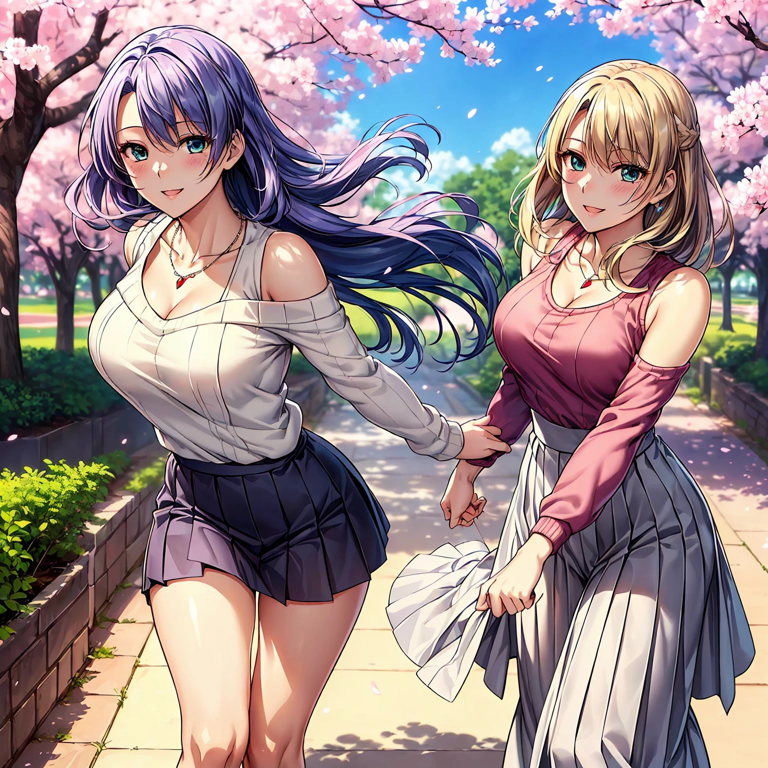 (((highest quality,masterpiece,very high resolution,Super high quality,perfect pixel))), (((Exquisite beauty:1 person,perfect body,Beautiful face is detailed, blush、cute face、beautiful outline、smile, open your mouth))),((long hair, neat bangs, beautiful hair texture)),((Beautiful slit eyes,beautiful eyes,strong-willed eyes, beautiful eyelashes, realistic eyes)), ((beautiful breasts,beautiful feet)),((sweater:color and pattern,pleated skirt:pattern and color, 1 diamond necklace,Clothing that exposes the shoulders,Clothing that exposes the thighs,Excellent fashion sense)),(realistic skin texture,realistic texture:,RAW photo,Anime CG style, Bright colors), (standing posture,dynamic angle,dynamic pose, model shoot), (garden,Cherry blossom tree-lined path, Cherry tree, Cherry blossoms fall,the wind is blowing),beautiful anime woman, beautiful art style, anime character、Overall image、detailed images、accurate anatomy、Image without defects、natural soft light、beautiful images、非常にdetailed images、(Best Shot 1.5)