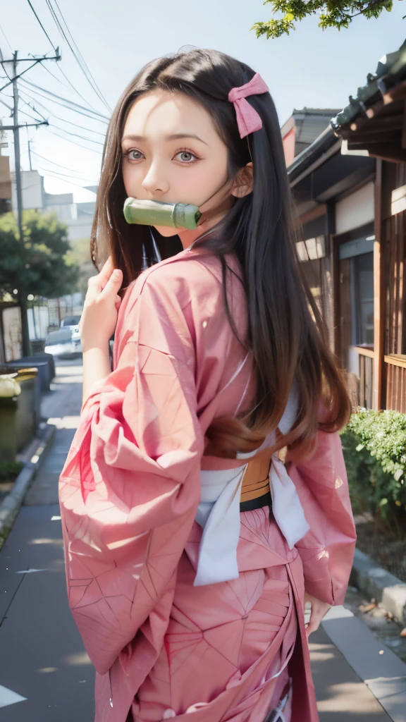 anime girl in pink kimono walking down the street with a green object in her mouth, anime visual of a cute girl, nezuko-chan, in kimono, nezuko, in a kimono, anime girl with long hair, anime cover, an anime girl, digital anime illustration, artwork in the style of guweiz, young anime girl