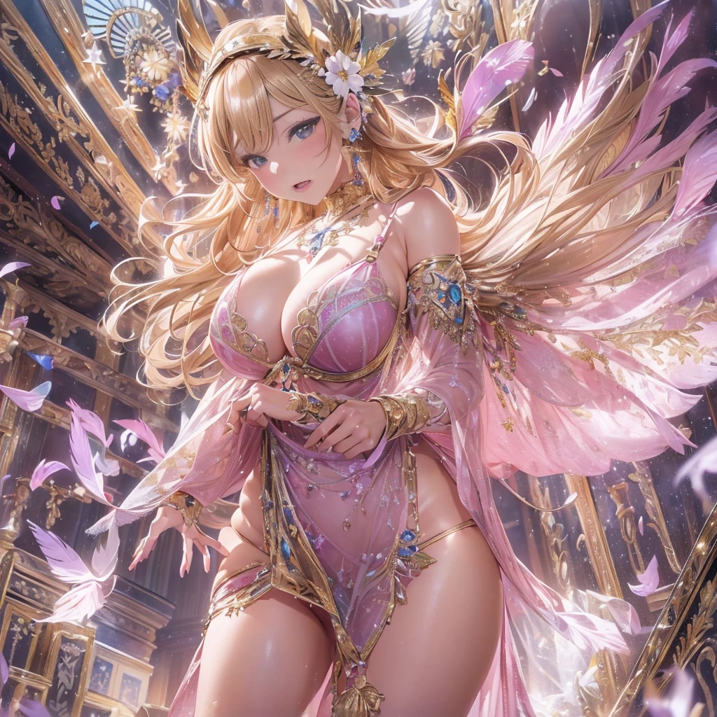 beautiful美しさ, 3D two-dimensional, rich, blonde, skirt, stockings, high heels, poison、star、star、(Highly detailed CG Unity 8K wallpaper),(masterpiece), (最high quality), (Super detailed), (best illustrations),(best shadow), (sharp eyeliner, eye shadow, fine eye:1.1), (超High resolution,realistic,最high quality,realistic),(8K,RAW photo,最high quality,マstarプル),mature woman、sensual curves、huge breasts、thighs、bubble、お尻のmasterpiece, 最high quality, Super detailed, full body shot, mature woman, beautiful mature woman, nightgown and underwear, enchanting smile, thick lips, Chubby lips, blush, looking at the viewer, provocative expression, beautiful髪型, cleavage, Plump、curvy hips、attractive face、sexy lingerie、an inviting gaze、Expression of emotions、Lewd underwear、(((erotic see-through lingerie set)))、Standing position、gorgeous accessories 、big breastsの女性, bare shoulders, golden hair, colored feather, metal ornaments, colored flowers, particle, light, (masterpiece, 最high quality, 最high quality, official art, beautiful and aesthetic:1.2), (1 girl:1.3), very detailed,(fractal art:1.1),(colorful:1.1)、(flowers:1.3),most detailed,(zentangle:1.2), (dynamic pose), (abstract background:1.3), (shiny skin), (lots of colors :1.4), ,(earrings:1.4), (feather:1.4),masterpiece, 最high quality, Super detailed, 30~40 years, full body shot, beautiful 、various hairstyles，gold headband，plump breasts，beautiful butt，greek clothing，Tulle covers the breasts，perfectly proportioned, detailed clothing details,marble，god statue，cinematic lighting, film grain, 8K, masterpiece, Super detailed, high detail, high quality, High resolution,(((NSFW:1.2)))、exposed chest、Openwork decoration，(((see through dress)))、(((解剖学的に正しいbody))) , 最high quality, Super detailed, (((Lewd underwear)))、raise your butt, from below, (((R-18)))、Hakari、thighs, big breasts, Are standing, cowboy shot, blush, (((1 girl))), (masterpiece:1.3), (High resolution), (8K), (very detailed), perfect face, Nice eye and face, (((最high quality))), (Super detailed), detailed face and eye, (alone), High resolution、beautifuleye,(((sexy pose)))、(((整ったbig breasts)))、((beautiful eye))、luxury、(((超High resolution)))、(((detailed description)))、(((ぽっちゃりbody型)))、(((解剖学的構造に一致したbodyの部位)))、beautiful長いまつ毛、バランスのとれたbody型、２book arm、2 feet、Just the right size for your legs and arms、Fishnet tights、glamorous、(((Clear white and black eye)))、lipstick、Sparkling、(Undistorted face, eye, body)、jewelry、gem、(長くカールしたbeautifulまつ毛)、(((バランス良いbeautiful胸)))、(transparent, Exquisite skin:1.2)、(((完璧なglamorousボディー)))
