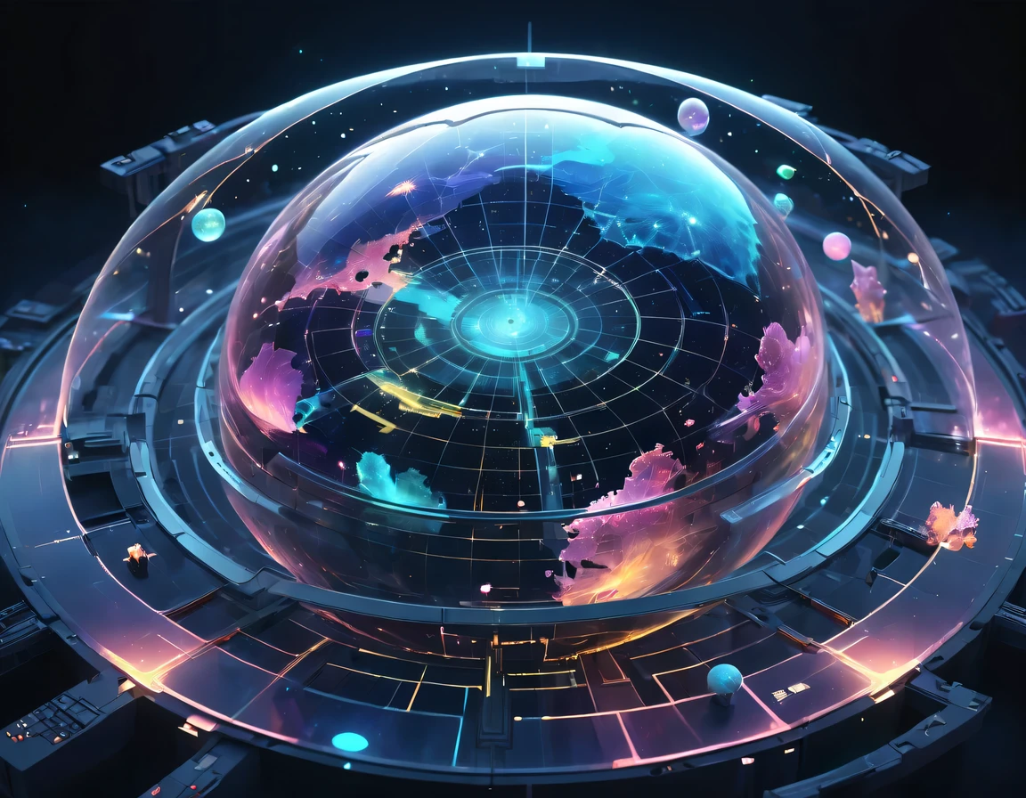 high tech会议大厅中间有未来派transparent空灵天文图,3D astronomical map,Holographic projection astronomical map,Map of cosmic galaxies,spherical,transparent,cyberpunk,X-ray,fluorescence,neon lights,high tech,command hall,Control lobby