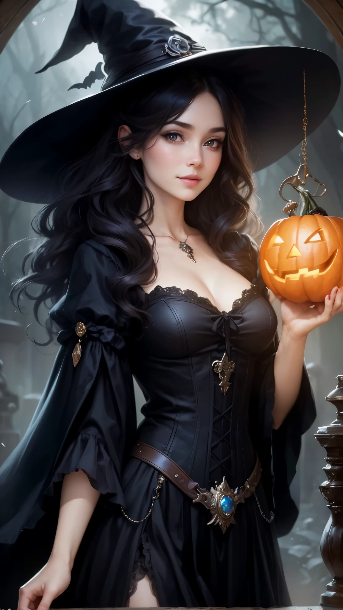 high quality, 8K Ultra HD, paintings with a Victoria Frances-like atmosphere, (halloween pumpkin), Detailed illustration of a fantastic beautiful witch, (beautiful face), (mature woman), paintings with a mysterious touch, by yukisakura, awesome full color, little smile, (pink lips), blush on face, (blush), ((silver eyes))