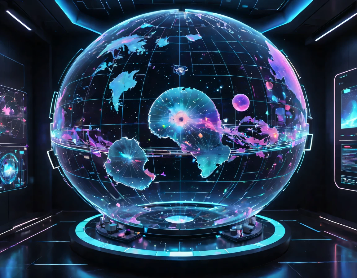 high tech会议大厅中间有未来派transparent空灵天文图，3D astronomical map，Holographic projection astronomical map，Map of cosmic galaxies，spherical，transparent，cyberpunk，X-ray，fluorescence，neon lights，high tech，command hall，Control lobby