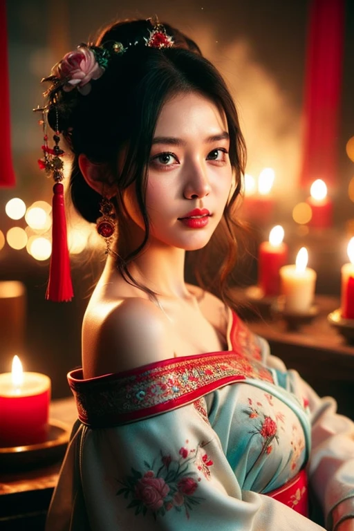 1girl, hair ornament, solo, flower, hair flower, candle, earrings, jewelry, black hair, black eyes, blurry, lips, red lips, looking at viewer, tassel, depth of field, makeup, realistic,(red_clothes:1.3),chinese clothes, floral print, upper body, medium breasts, off-the-shoulder
