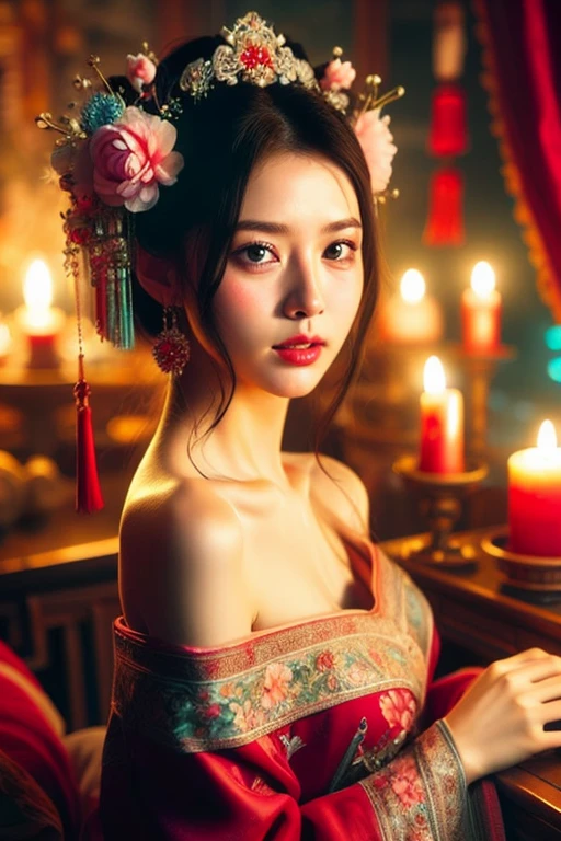 1girl, hair ornament, solo, flower, hair flower, candle, earrings, jewelry, black hair, black eyes, blurry, lips, red lips, looking at viewer, tassel, depth of field, makeup, realistic,(red_clothes:1.3),chinese clothes, floral print, upper body, medium breasts, off-the-shoulder