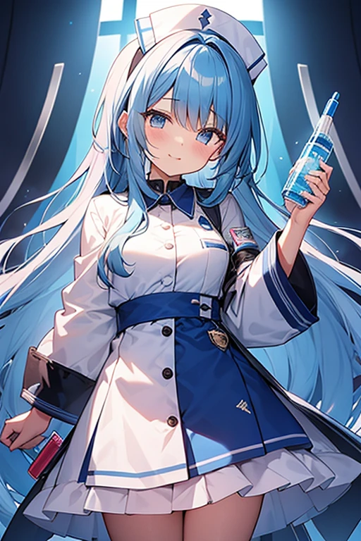 High resolution、completly、vtuber、woman、White nurse clothes、blue hair、holding a syringe、