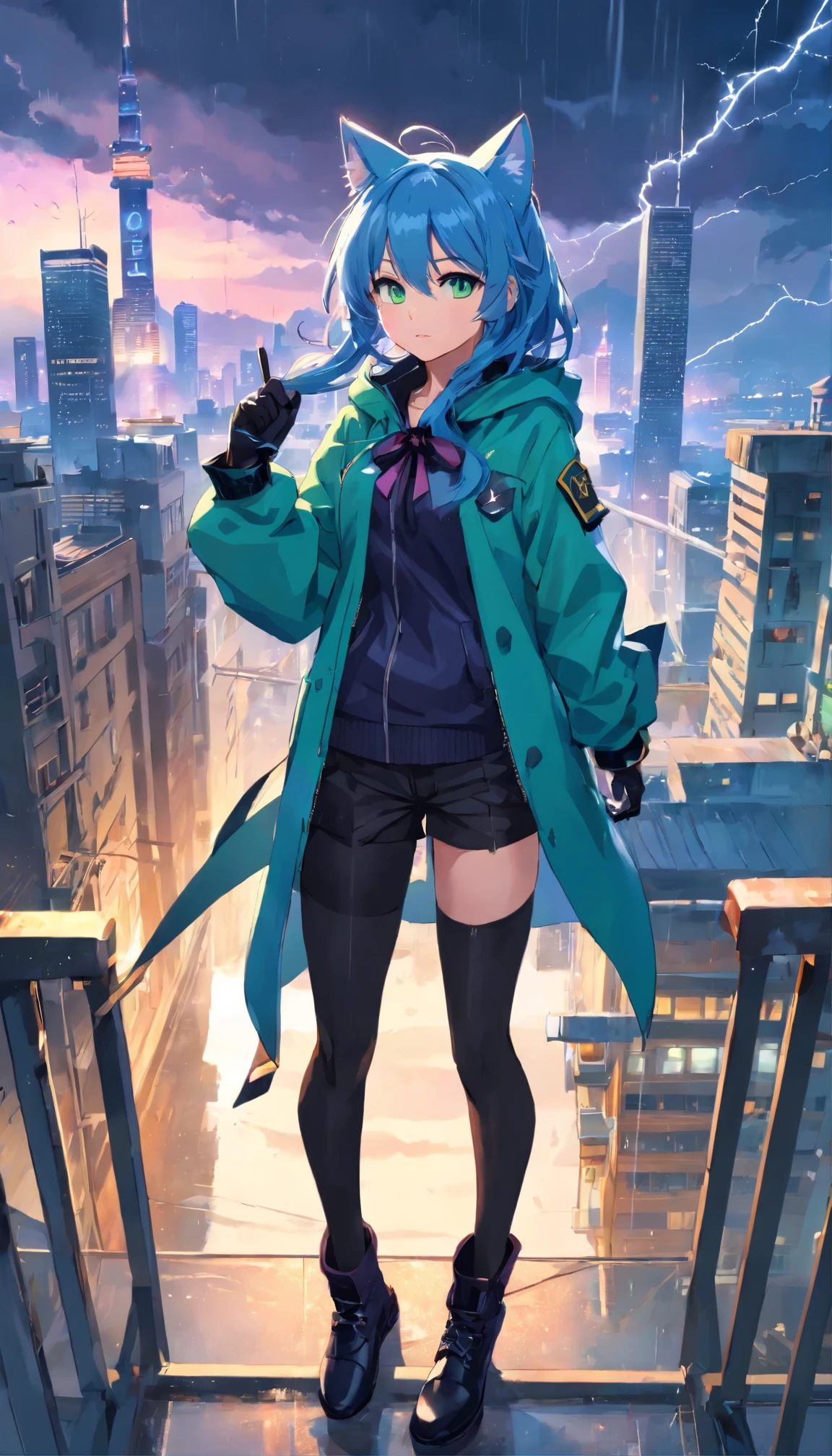 (extremely deTailed CG unity 16k wallpaper:1.1), (Denoise intensity: 1.45), (tmasterpiece:1.37), (Pose all over the body:1.4:), full length, dynamic angle, starry Sky, Realistic texture, Side lighting, (ultra deTailed:1.5), ((disheveled hair)), (1 girl), alone, Gender ambiguity, animal ears, artist name, black鞋类, black Gloves, black Pants, black ribbon, blue coat, blue hair, boots, architecture, bulletproof vest, cat ears, catTail, Warning tape, A broken architecture, Character name, City, Cityscape, cloud, cloudy Sky, coat, dead body, crane (machine), crystal, cuts, eyelash, Gloves, green eyes, grey coat, hood, hood down, hood up, hooded coat, Pierced, Injuried, parry, ladder, leg ribbon, lightning, long hair, Look up, mask, meteor, open clothes, open coat, outdoor, Pants, open lips, railing, rain, ribbon, roof, side lock, Sky, Skyscraper, Tail, very long hair, (Heavy rains), Negative prompt, smooth reflections, (mirror reflective, ((illustration)), spark, glowing light, Ray tracing, ((masterpiece)), (((best quality))), ultra high definition,black