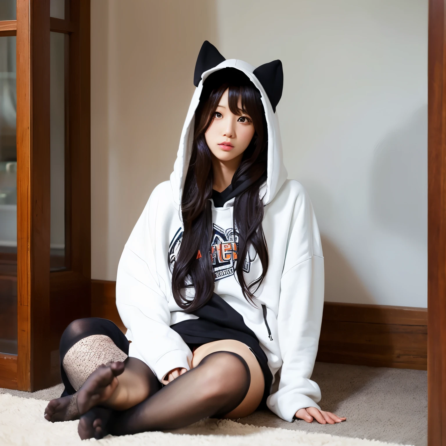 sexy korean , long hair, oversize hoodie only, no pants, no underwear, stocking