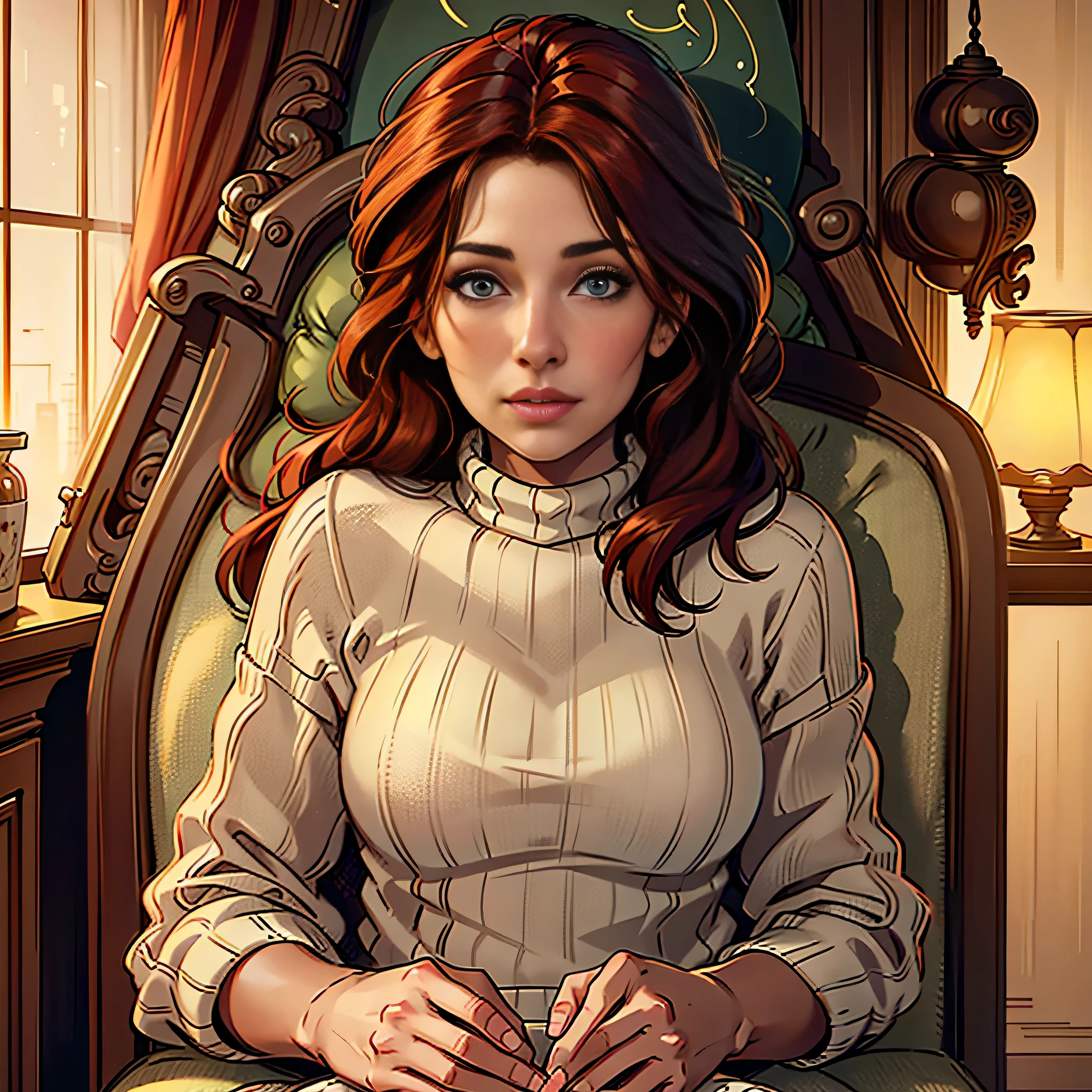(melhor qualidade, realista, 1 garota), 40 anos, olhos detalhados, Detailed lips, cabelo vermelho, sweater, standing, ambiente aconchegante, soft lighting, ambiente tranquilo,