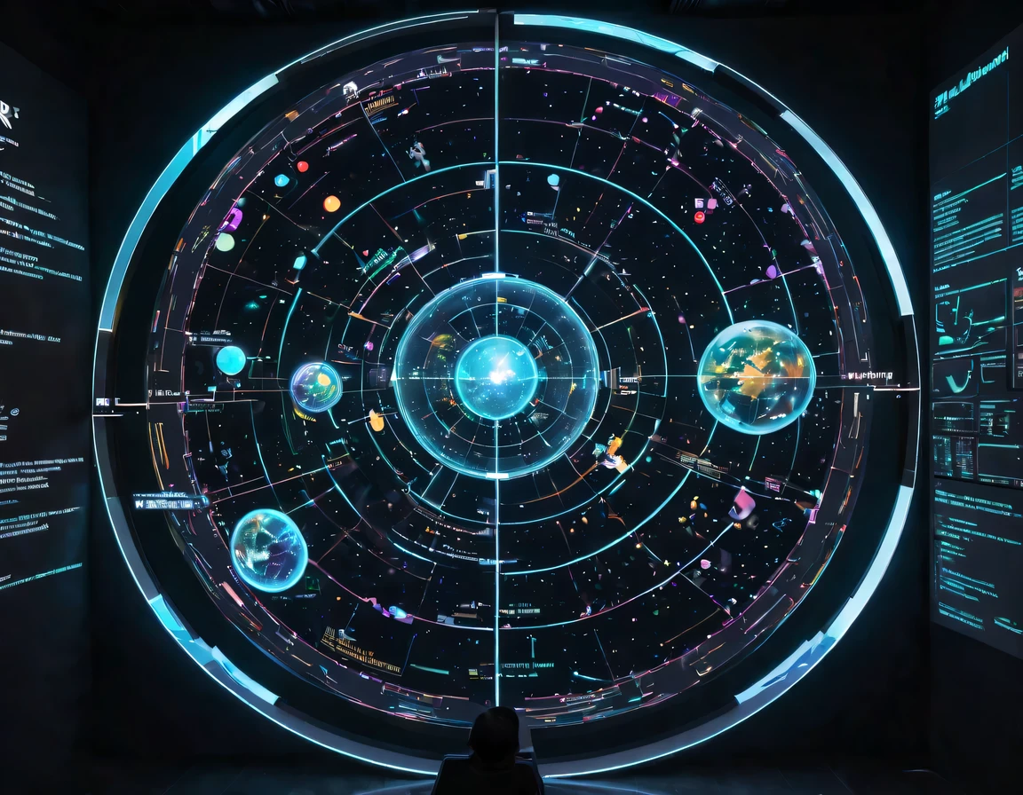 high tech会议大厅中间有未来派transparent空灵天文图，3D astronomical map，Holographic projection astronomical map，Map of cosmic galaxies，spherical，transparent，cyberpunk，X-ray，fluorescence，neon lights，high tech，command hall，Control lobby