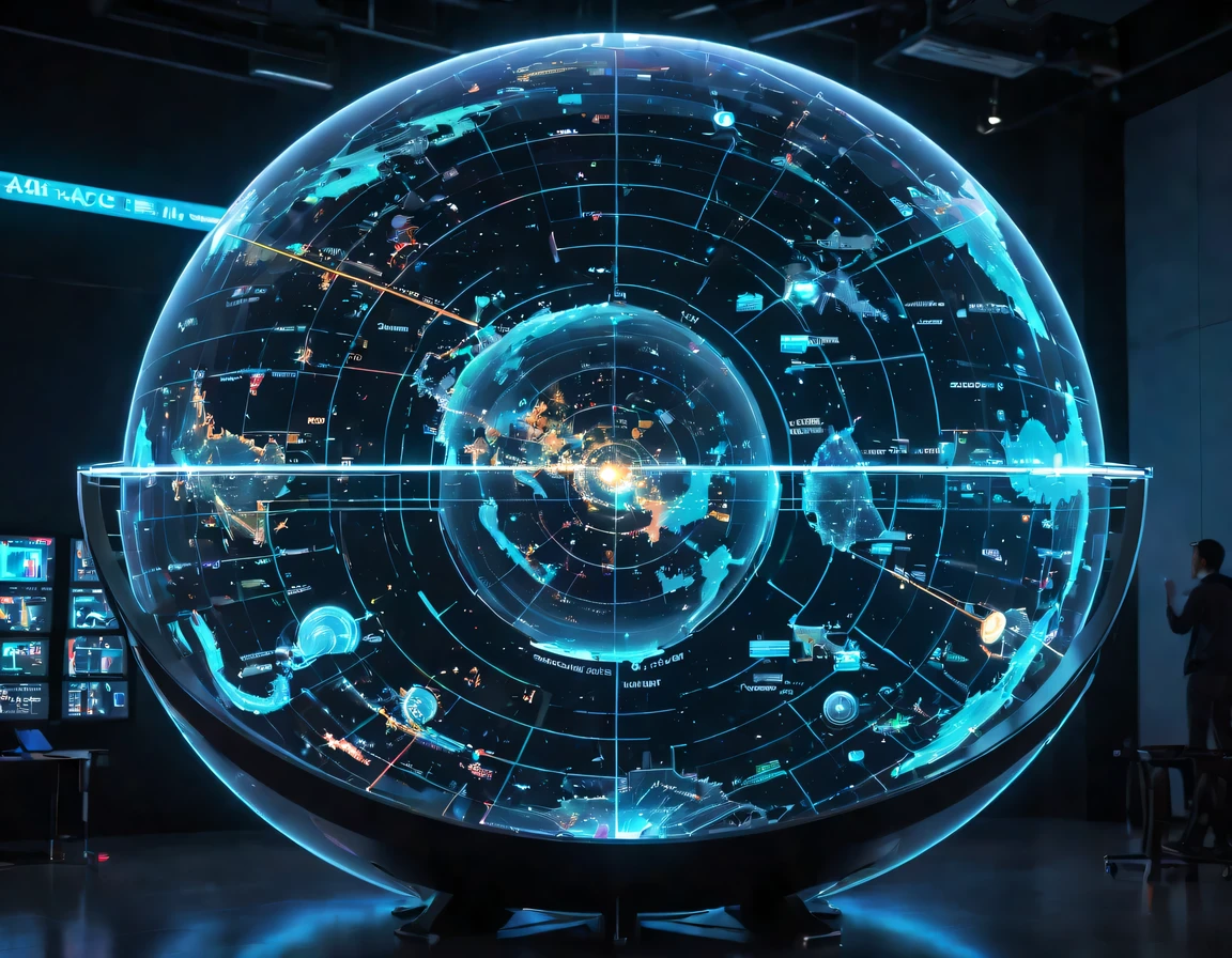 high tech会议大厅中间有未来派transparent空灵天文图，3D astronomical map，Holographic projection astronomical map，Map of cosmic galaxies，spherical，transparent，cyberpunk，X-ray，fluorescence，neon lights，high tech，command hall，Control lobby