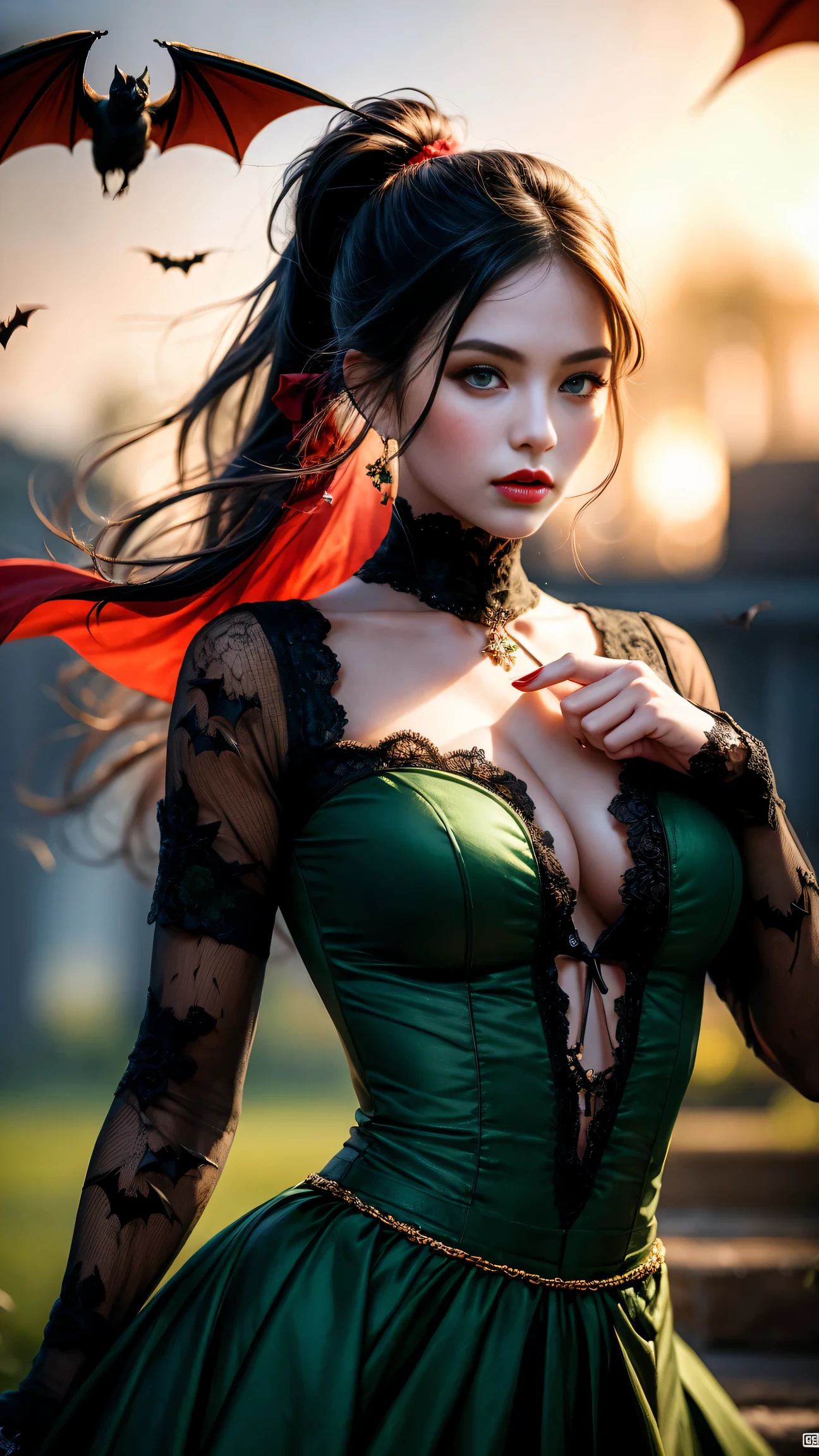 Medium shot, full body, perfect body, showing her for proniment sharp canine sharp focus, woman focus (Best Illustration), 8k Resolution, Intricate Details, Best Quality, Realistic, Ultra Detailed, Best Lighting, Best Shadows, Ultra HD, BREAK A Necromancer, Night, dark Magical auras, Dark Style, Vampire, Bat wings, (( alot of bats flying around, fog, blood splash on the ground, red sky, dark theme)), (shining green eyes:1.6),(blood on her body and face and eyes:1.2)BREAK masterpiece, high_res, Beautiful face, tyndall effect, photo realistic, (high detailed skin:1.2), 8k uhd, dslr, high quality, Photograph, high resolution,(extremely detailed), 8k, Bokeh, BREAK medium breasts, absurdres, ponytail contorted, best ratio four finger and one thumb, mature,tall body, red dress