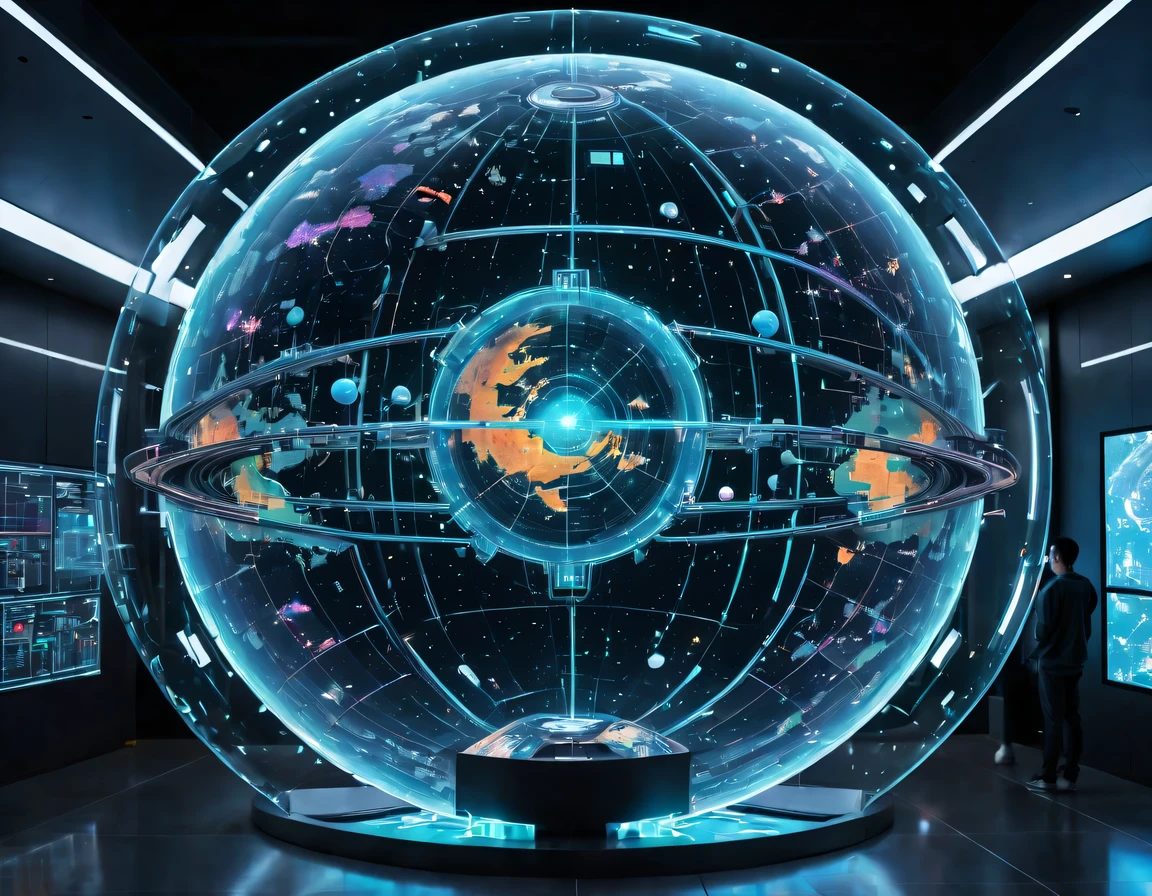 high tech会议大厅中间有未来派transparent空灵天文图，3D astronomical map，Holographic projection astronomical map，Map of cosmic galaxies，spherical，transparent，cyberpunk，X-ray，fluorescence，neon lights，high tech，command hall，Control lobby