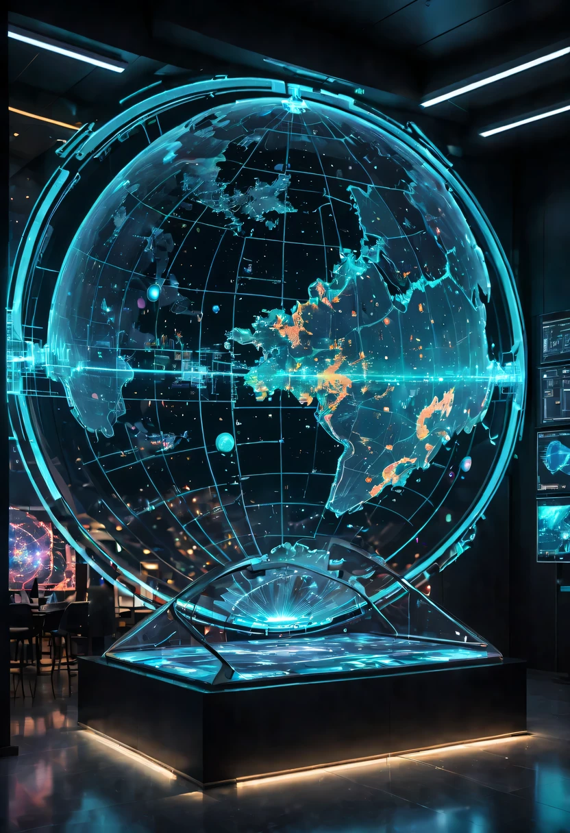 high tech会议大厅中间有未来派transparent空灵天文图，3D astronomical map，Holographic projection astronomical map，Map of cosmic galaxies，spherical，transparent，cyberpunk，X-ray，fluorescence，neon lights，high tech，command hall，Control lobby