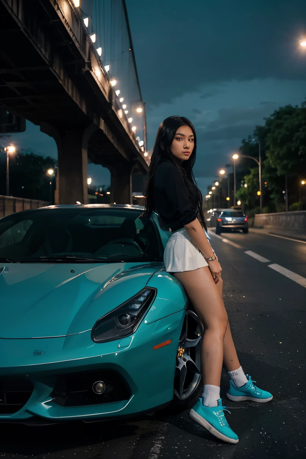 Photography, a beautiful Indonesian woman, 20 years old, long neat black hair, standing next to a very detailed (turquoise colored Ferrari), Modified, under the car there are blue lights, on the highway at night, wearing a short skirt black, white sneakers, white socks, wearing a black suit, the road is lit by very bright lights, creating a contrast with the warm light of the street lights, bridges or buildings above are visible against the background of the night sky, very detailed , HD 8K high resolution professional photographers