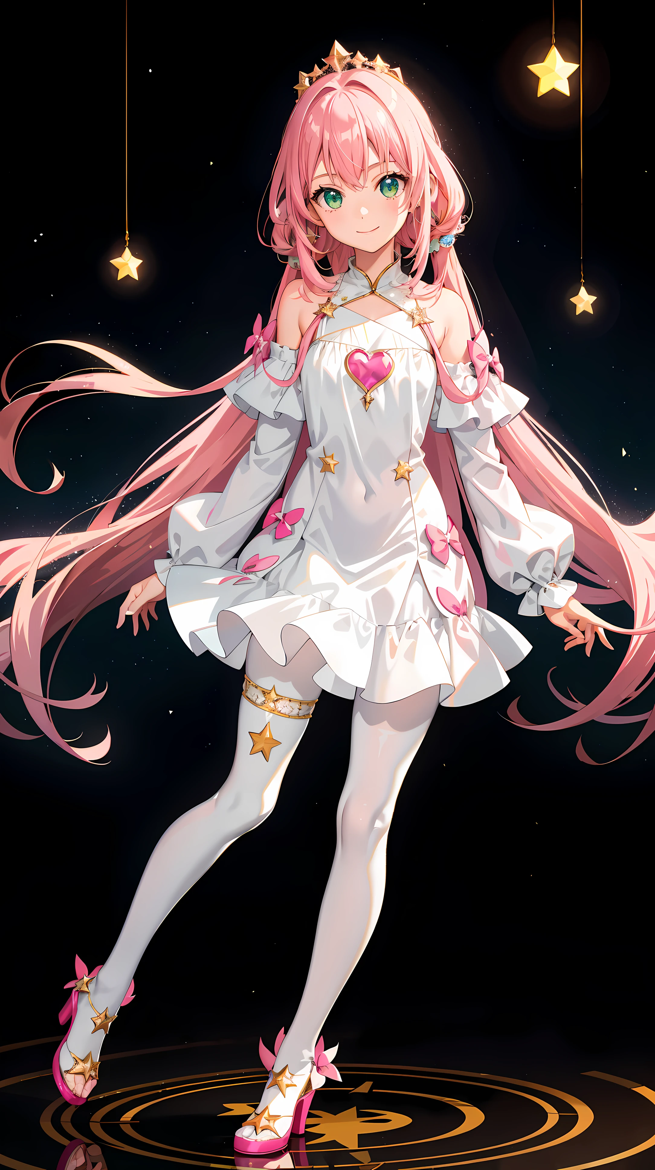 1 girl, bright, pink hair, long hair, star motif, Colorful hair, green eyed salem, hood, side light, light particles, wallpaper, Big deal, full, Idol, swimsuit, Loose and fluffy, quiet, Smile, mitigate, Clear, White silk pantyhose
