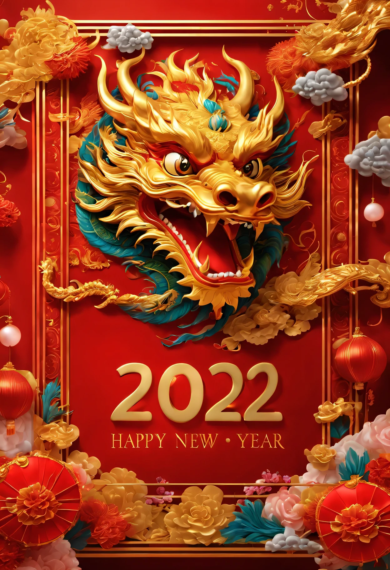 red envelopes,The cover has a golden Chinese dragon and words"Happy New Year 2024"words,(Boutiques,4K,masterpiece:1.2),Super fine,human development report,bright colors,spring,Shiny and vibrant,festive atmosphere,Intricate decorative border with traditional Chinese elements,dragon'Her eyes sparkle with magic and hope,Fireworks twinkling in the night sky。
