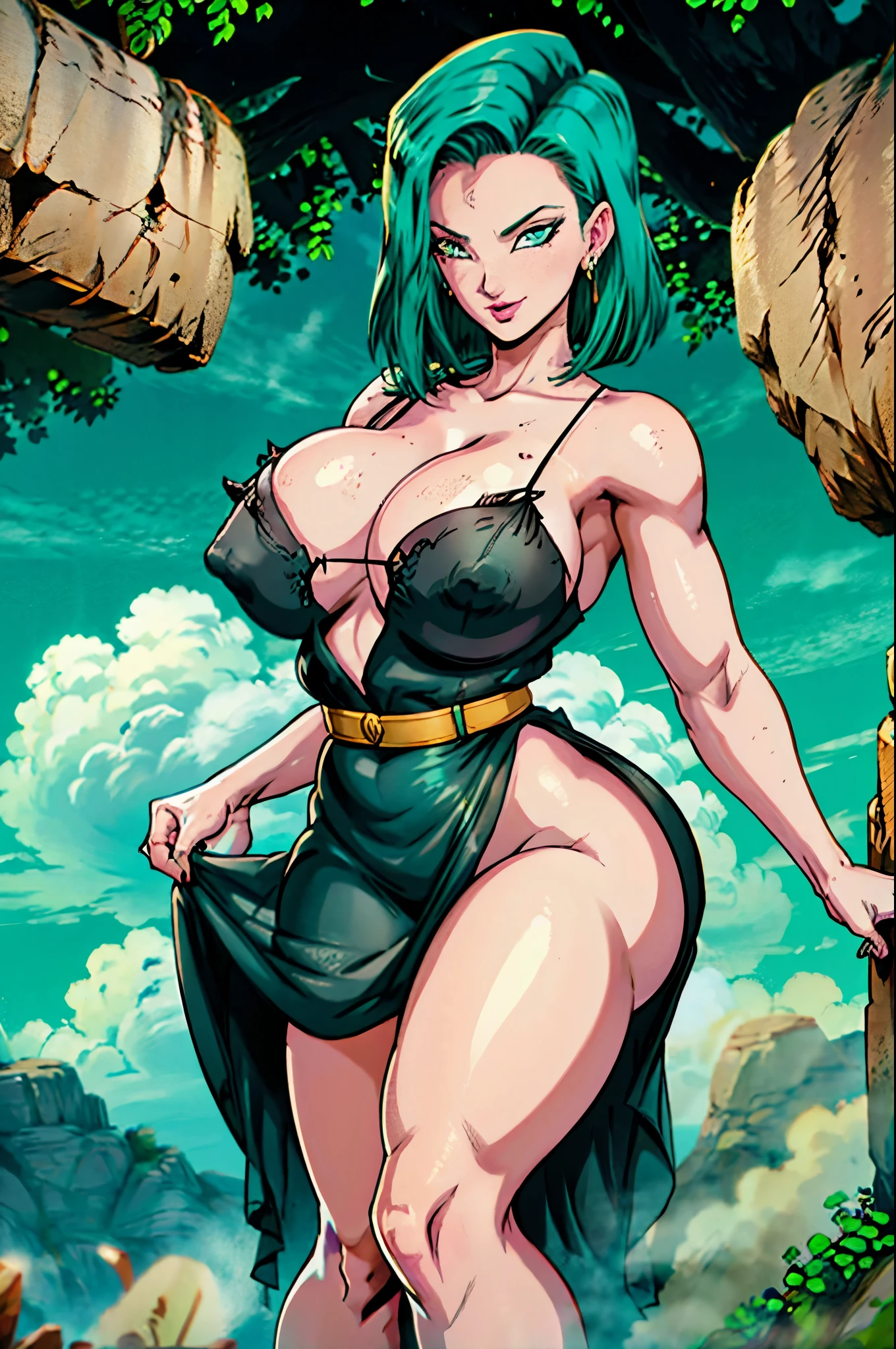 trans Male to female, plump pursed lips, freckles, long curly green hair with bangs, crystal blue eyes with smoky eye shadow and black eyeliner, black semi-matte lipstick, pale to white dress skin, flirty smug smile, teal sundress, large futanari genital bulge