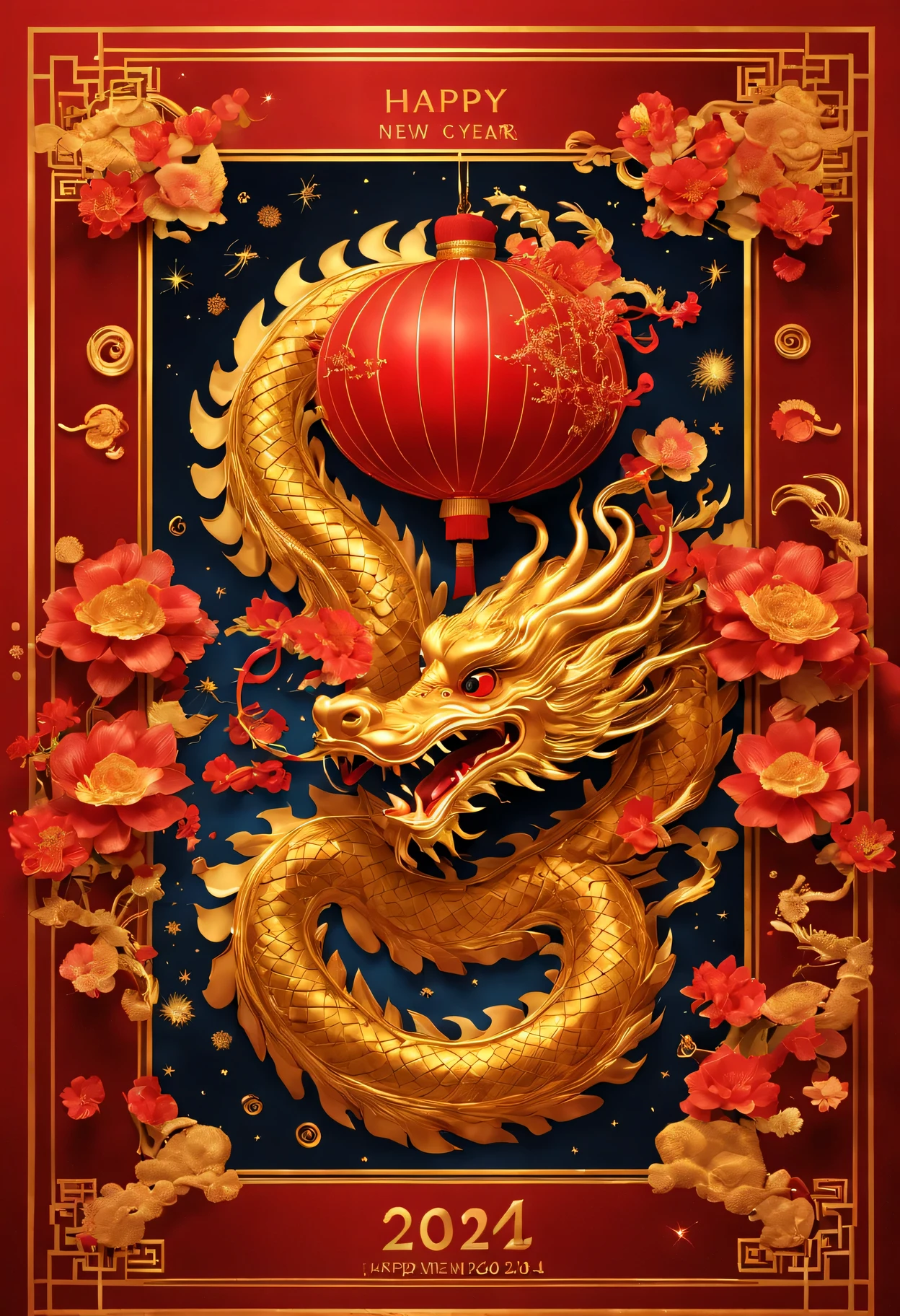 red envelopes，The cover has a golden Chinese dragon and words"Happy New Year 2024"words，（Boutiques，4K，masterpiece：1.2），Super fine，human development report，bright colors，spring，Shiny and vibrant，festive atmosphere，Intricate decorative border with traditional Chinese elements，dragon&#39;Her eyes sparkle with magic and hope，Fireworks twinkling in the night sky。