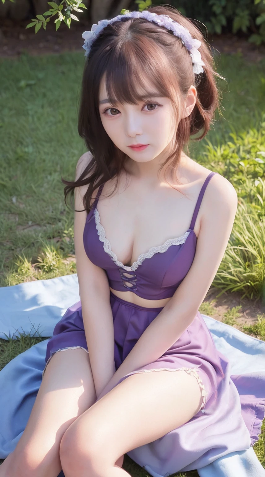 quality:(super masterpiece、super realistic、Super high quality、ultra high resolution、Live shooting、ultra high definition photo、super sharp focus)、place:(grass)、composition:((feminine transparent purple nightgown、naked&close see through fashion、Sitting down on the ground with a cute baby))、appearance:((Japanese ta idol、Neat and beautiful sex appeal、28 years old)、(Super top idol level loliace)、Thin and thin beautiful eyebrows、double eyelid、(chignon hair)、(brown hair color)、beautiful eyes、thin and seductive lips、super perfect proportions、Shining beautiful skin、fair skin、(super slender body)、(Super slim body shape)、(Super tight and very thin waist)、(thin arms)、(thin legs))