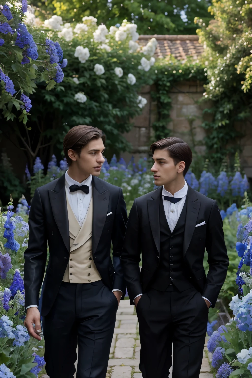 Young skinny, short boy 18 years old, dressed in a brown suit in the fashion of the late nineteenth century Victorian era, walks next to an adult, a powerfully built gentleman in the garden among the growing blue delphiniums, who are taller than them, day light, a high resolution, professional photography of excellent quality, natural detailed leather texture, 8k. Delphiniums are taller, than a young man, they surround him on all sides.