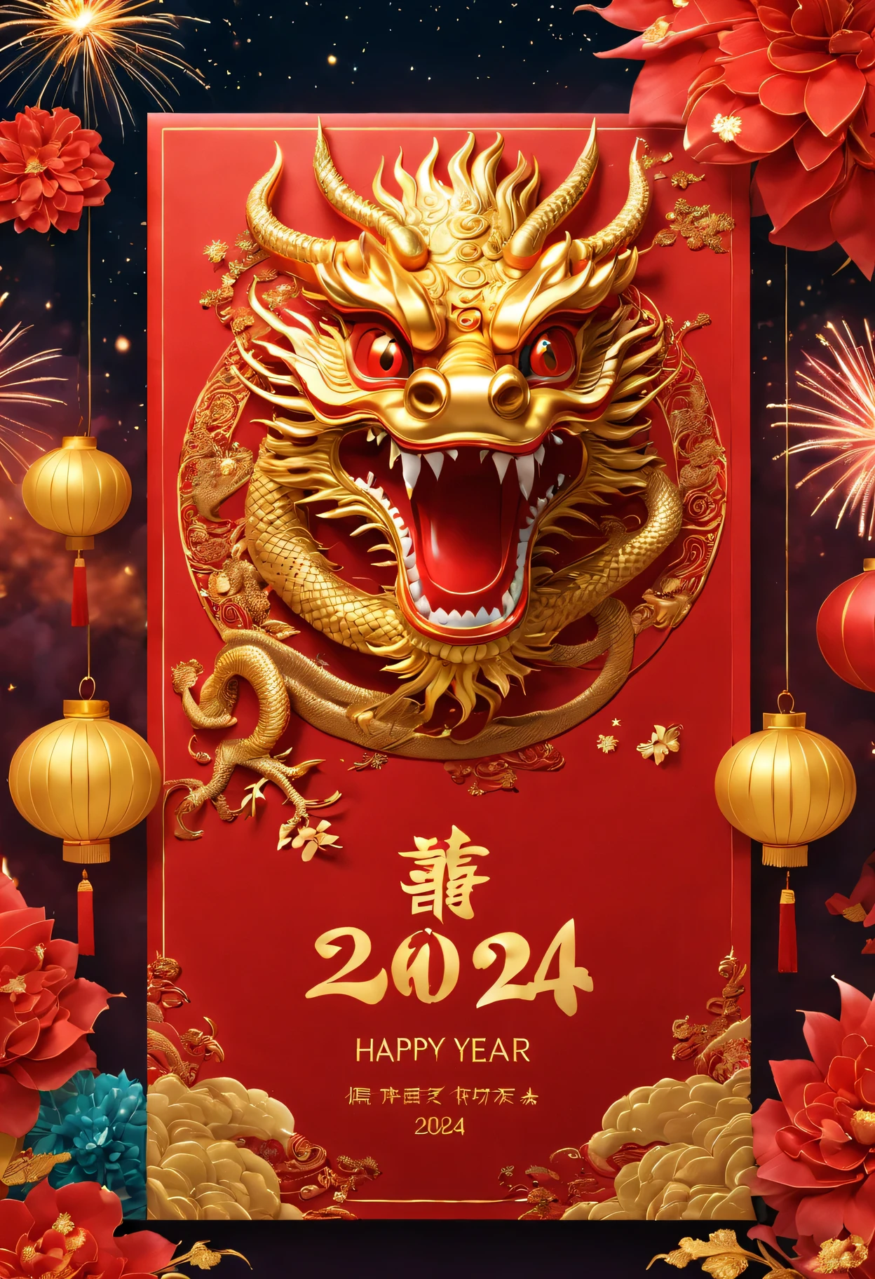 red envelopes，The cover has a golden Chinese dragon and words"Happy New Year 2024"words，（Boutiques，4K，masterpiece：1.2），Super fine，human development report，bright colors，spring，Shiny and vibrant，festive atmosphere，Intricate decorative border with traditional Chinese elements，dragon&#39;Her eyes sparkle with magic and hope，Fireworks twinkling in the night sky。