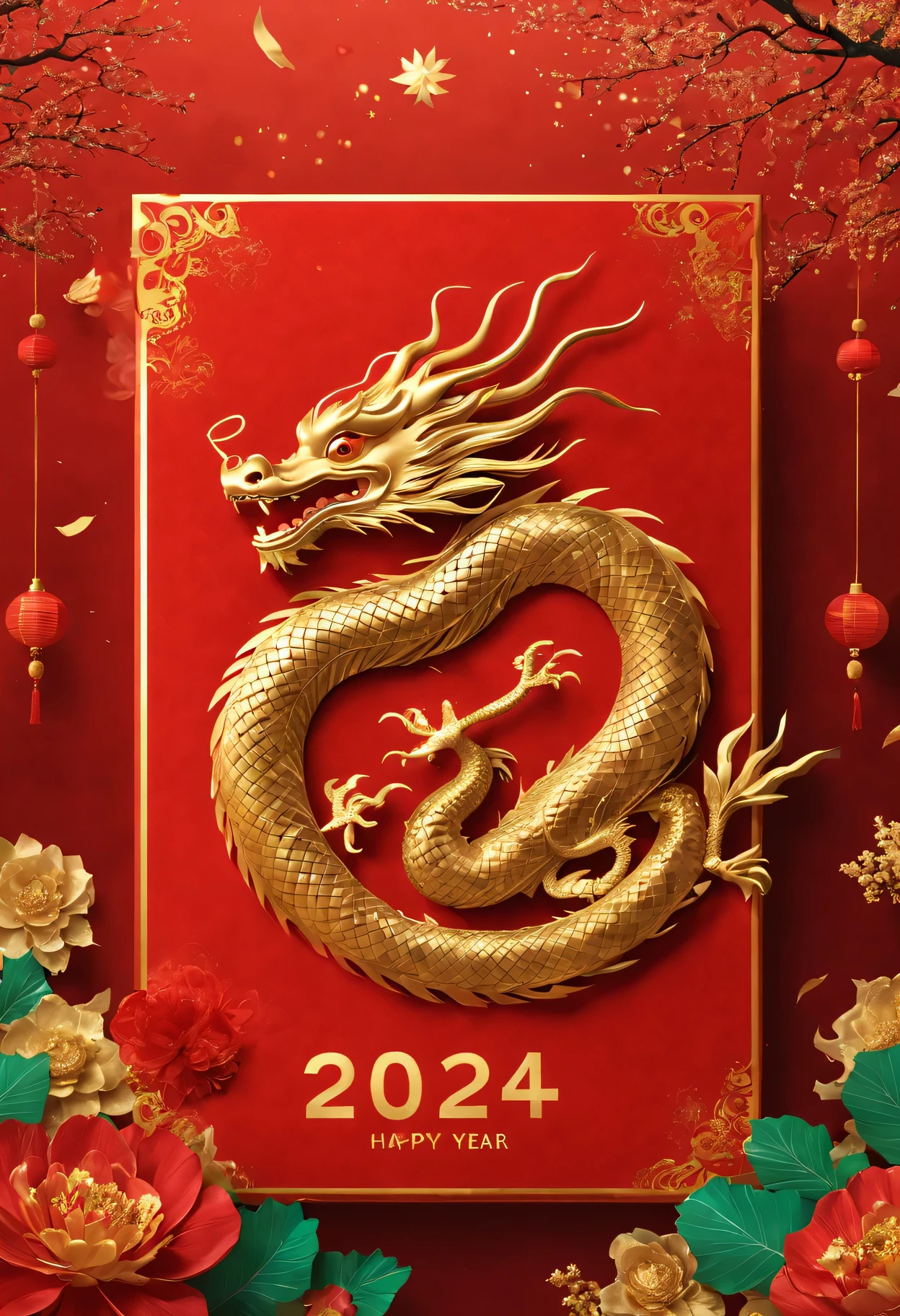 red envelopes,The cover has a golden Chinese dragon and words"Happy New Year 2024"words,(Boutiques,4K,masterpiece:1.2),Super fine,human development report,bright colors,spring,Shiny and vibrant,festive atmosphere,Intricate decorative border with traditional Chinese elements,dragon'Her eyes sparkle with magic and hope,Fireworks twinkling in the night sky。