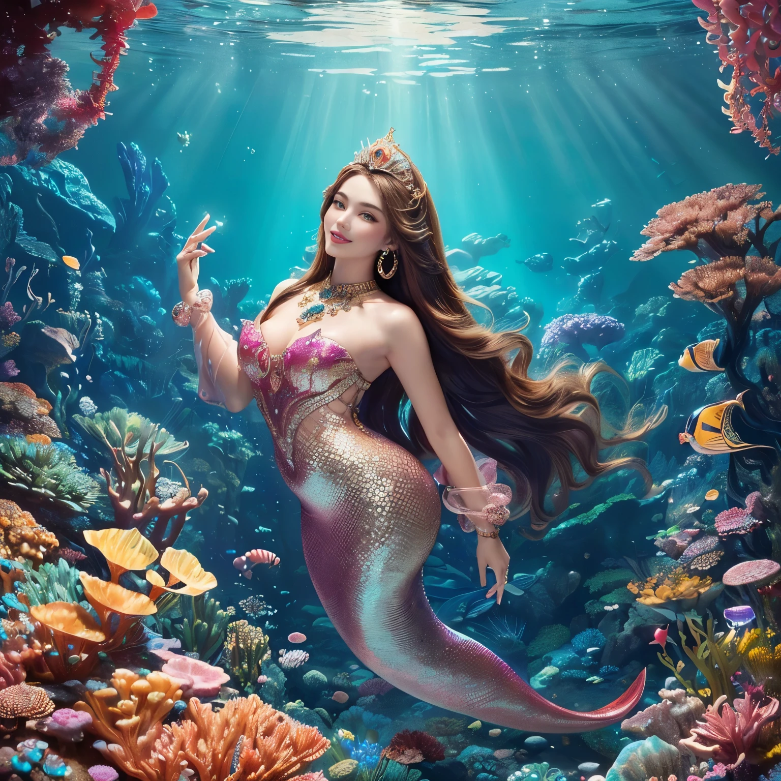 (highest quality、table top、8K、best image quality、hyper realism)、(Mermaid princess wearing the most luxurious and luxurious costume:1.1)、(The most luxurious and finest transparent sleeve:1.1)、(A mermaid princess swimming in the beautiful and luxurious rocky area of the deep sea.:1.2)、(Extremely complex and detailed ocean depictions:1.1)、(There are many beautiful small tropical fish and corals in the sea....:1.1)、(The most luxurious and glittering underwater city:1.3)、(Mysterious and most glorious beautiful underwater city:1.3)、(Detailed depiction of the beautiful ocean:1.1)、(Unimaginably beautiful and mysterious underwater depictions:1.1)、(Realistic scales with very intricate glowing pink and red gradients:1.1)、(Mermaid goddess swimming in a beautiful rocky area in the deep sea Upper body photo:1.1)、(Accurate mermaid tail and beautiful fins)、Beautiful sea that shines intricately、Clear and detailed background,、(accurate anatomy:1.2)、(perfect hands:1.1)、(The most luxurious and finest jewelry decoration throughout the body:1.1)、golden decoration、the most gorgeous goddess sleeves、the most luxurious decoration、large amount of intricate gemstones、beautiful brown hair、Highly detailed glowing pink and red scales、(最も贅沢でhighest qualityの巨大ティアラ:1.1)、(that&#39;It&#39;s very vivid, Fantastic and mysterious:1.2)、(最も贅沢でhighest qualityのジャイアントネックレス)、Beautiful sparkling pink and red gradation mermaid tail、perfect makeup、(the best smile when you look at me:1.2)、slightly pregnant