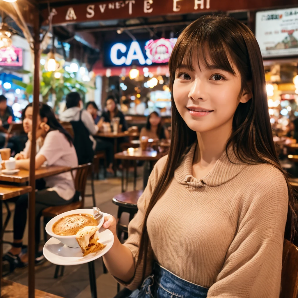 (realistic、High resolution:1.3), charming Philippines girl , cafe , crowded cafe