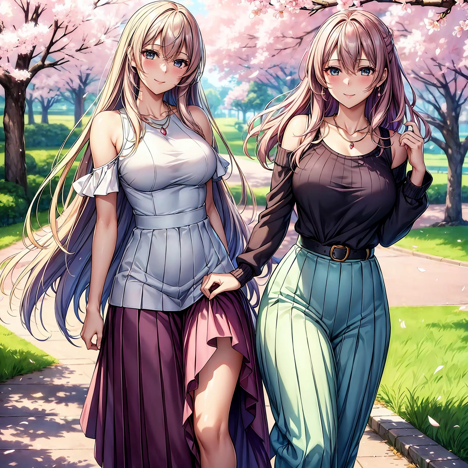 (((highest quality,masterpiece,very high resolution,Super high quality,perfect pixel))), (((Exquisite beauty:1 person,perfect body,Beautiful face is detailed, blush、cute face、beautiful outline、smile, open your mouth))),((long hair, neat bangs, beautiful hair texture)),((Beautiful slit eyes,beautiful eyes,strong-willed eyes, beautiful eyelashes, realistic eyes)), ((beautiful breasts,beautiful feet)),((sweater:color and pattern,pleated skirt:pattern and color, 1 diamond necklace,Clothing that exposes the shoulders,Clothing that exposes the thighs,Excellent fashion sense)),(realistic skin texture,realistic texture:,RAW photo,Anime CG style, Bright colors), (standing posture,dynamic angle,dynamic pose, model shoot), (garden,Cherry blossom tree-lined path, Cherry tree, Cherry blossoms fall,the wind is blowing),beautiful anime woman, beautiful art style, anime character、Overall image、detailed images、accurate anatomy、Image without defects、natural soft light、beautiful images、非常にdetailed images、(Best Shot 1.5)