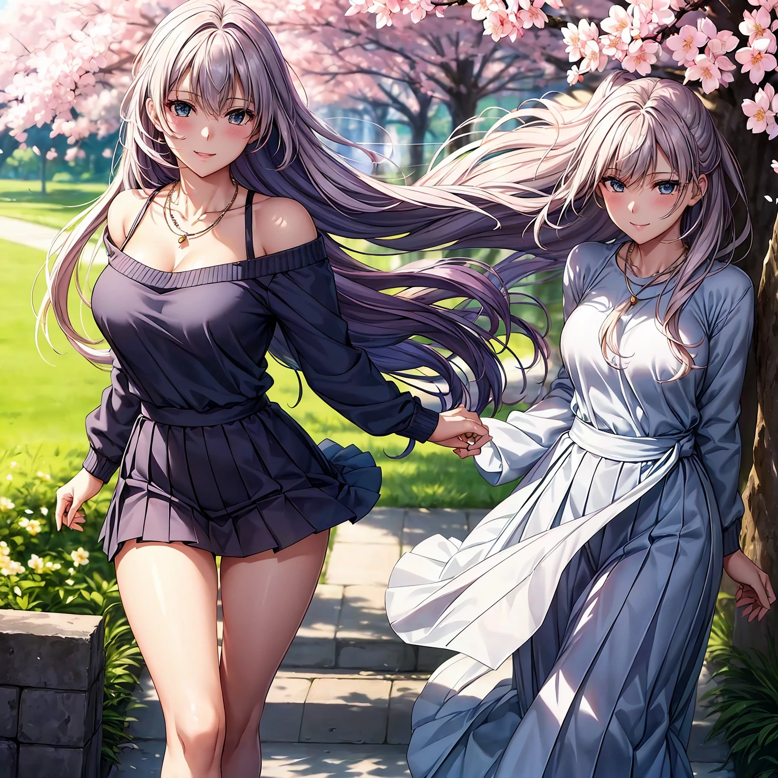 (((highest quality,masterpiece,very high resolution,Super high quality,perfect pixel))), (((Exquisite beauty:1 person,perfect body,Beautiful face is detailed, blush、cute face、beautiful outline、smile, open your mouth))),((long hair, neat bangs, beautiful hair texture)),((Beautiful slit eyes,beautiful eyes,strong-willed eyes, beautiful eyelashes, realistic eyes)), ((beautiful breasts,beautiful feet)),((sweater:color and pattern,pleated skirt:pattern and color, 1 diamond necklace,Clothing that exposes the shoulders,Clothing that exposes the thighs,Excellent fashion sense)),(realistic skin texture,realistic texture:,RAW photo,Anime CG style, Bright colors), (standing posture,dynamic angle,dynamic pose, model shoot), (garden,Cherry blossom tree-lined path, Cherry tree, Cherry blossoms fall,the wind is blowing),beautiful anime woman, beautiful art style, anime character、Overall image、detailed images、accurate anatomy、Image without defects、natural soft light、beautiful images、非常にdetailed images、(Best Shot 1.5)
