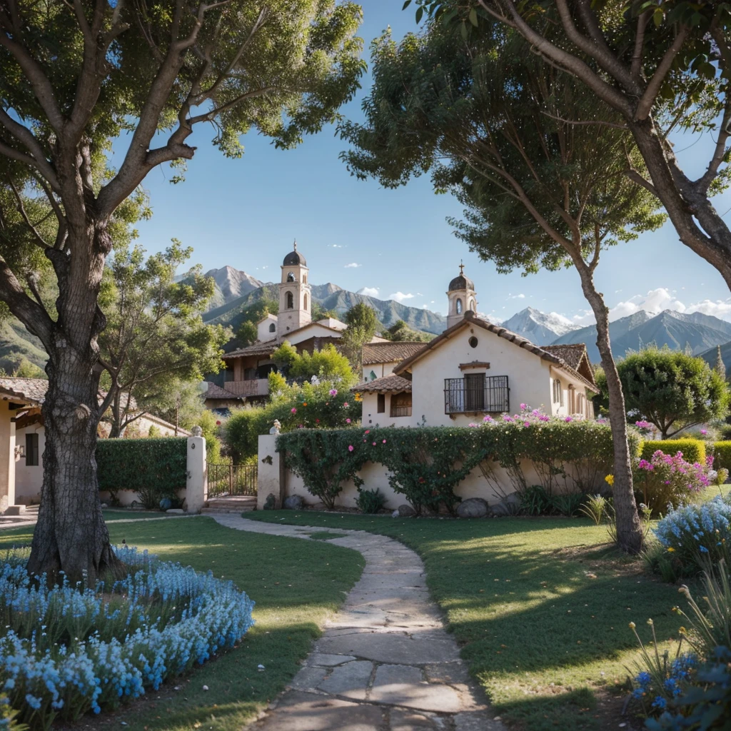 Photography, hiperrealismo, ultra detallado, Maximum quality, 8K resolution, mountain scape, pueblo precioso lleno de casas de cuento de hadas, flores de colores, a catholic church, muchos arboles, jardines, snow mountains, cielo azul limpio, verano, luz suave y brillante, no hay gente, rosales