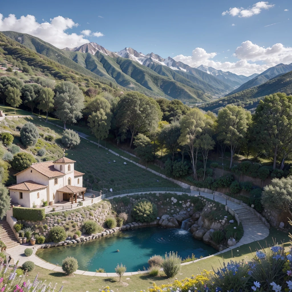 Photography, hiperrealismo, ultra detallado, Maximum quality, 8K resolution, mountain scape, pueblo precioso lleno de casas de cuento de hadas, flores de colores, a catholic church, muchos arboles, jardines, snow mountains, cielo azul limpio, verano, luz suave y brillante, no hay gente, rosales