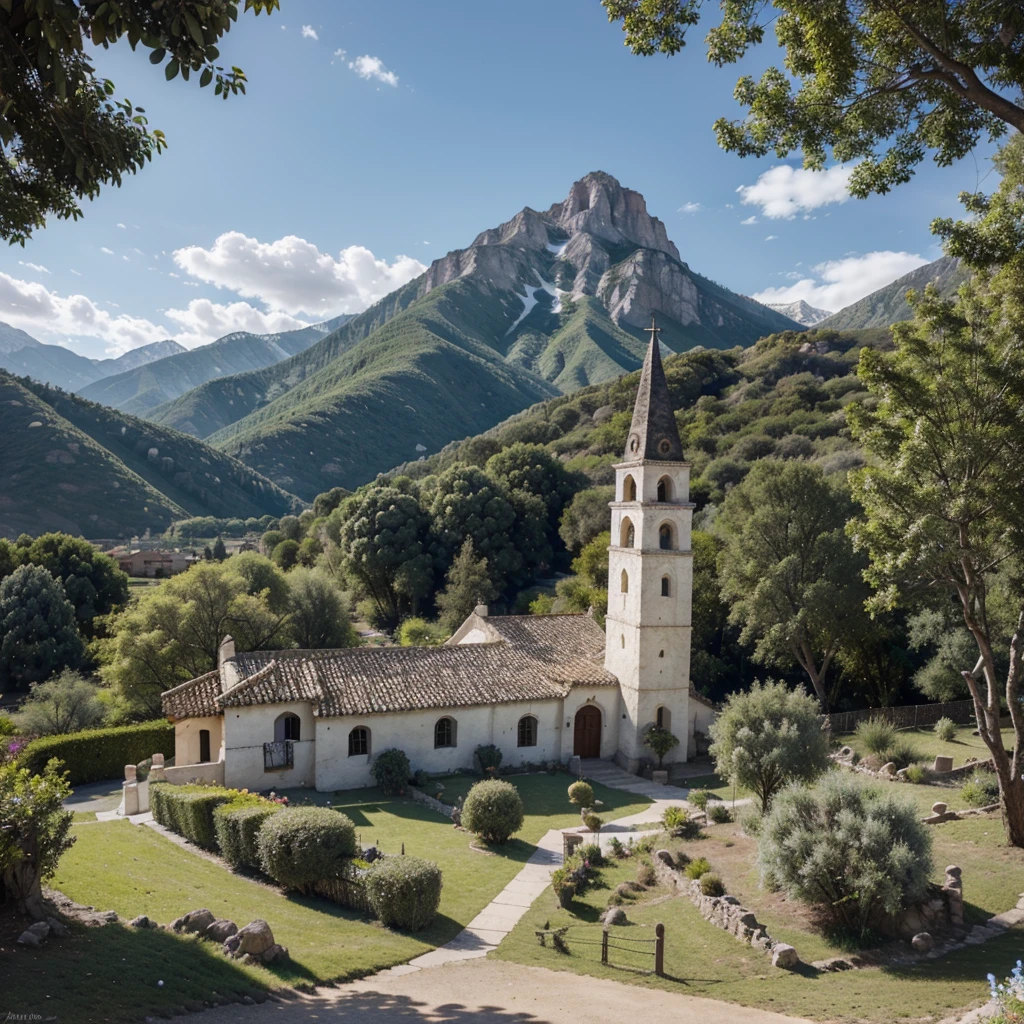 Photography, hiperrealismo, ultra detallado, Maximum quality, 8K resolution, mountain scape, pueblo precioso lleno de casas de cuento de hadas, flores de colores, a catholic church, muchos arboles, jardines, snow mountains, cielo azul limpio, verano, luz suave y brillante, no hay gente, rosales