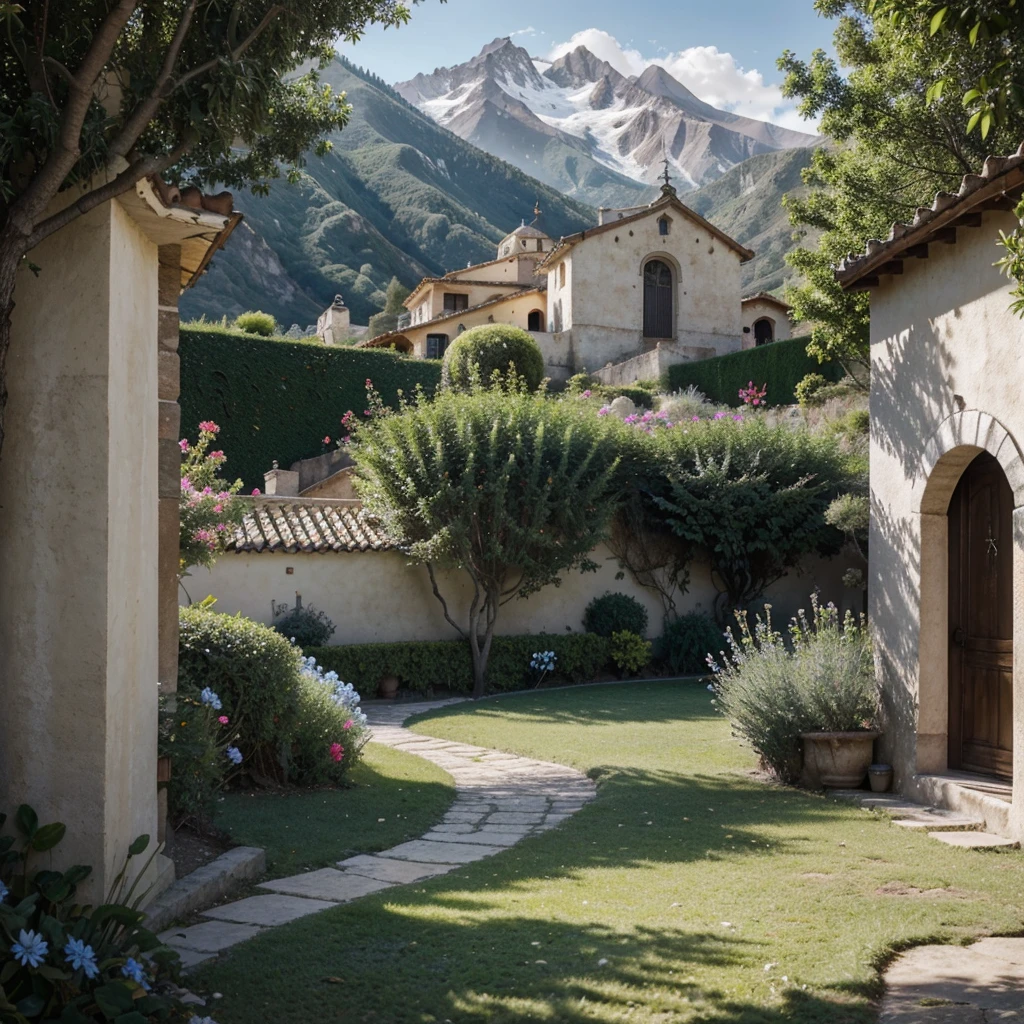 Photography, hiperrealismo, ultra detallado, Maximum quality, 8K resolution, mountain scape, pueblo precioso lleno de casas de cuento de hadas, flores de colores, a catholic church, muchos arboles, jardines, snow mountains, cielo azul limpio, verano, luz suave y brillante, no hay gente, rosales