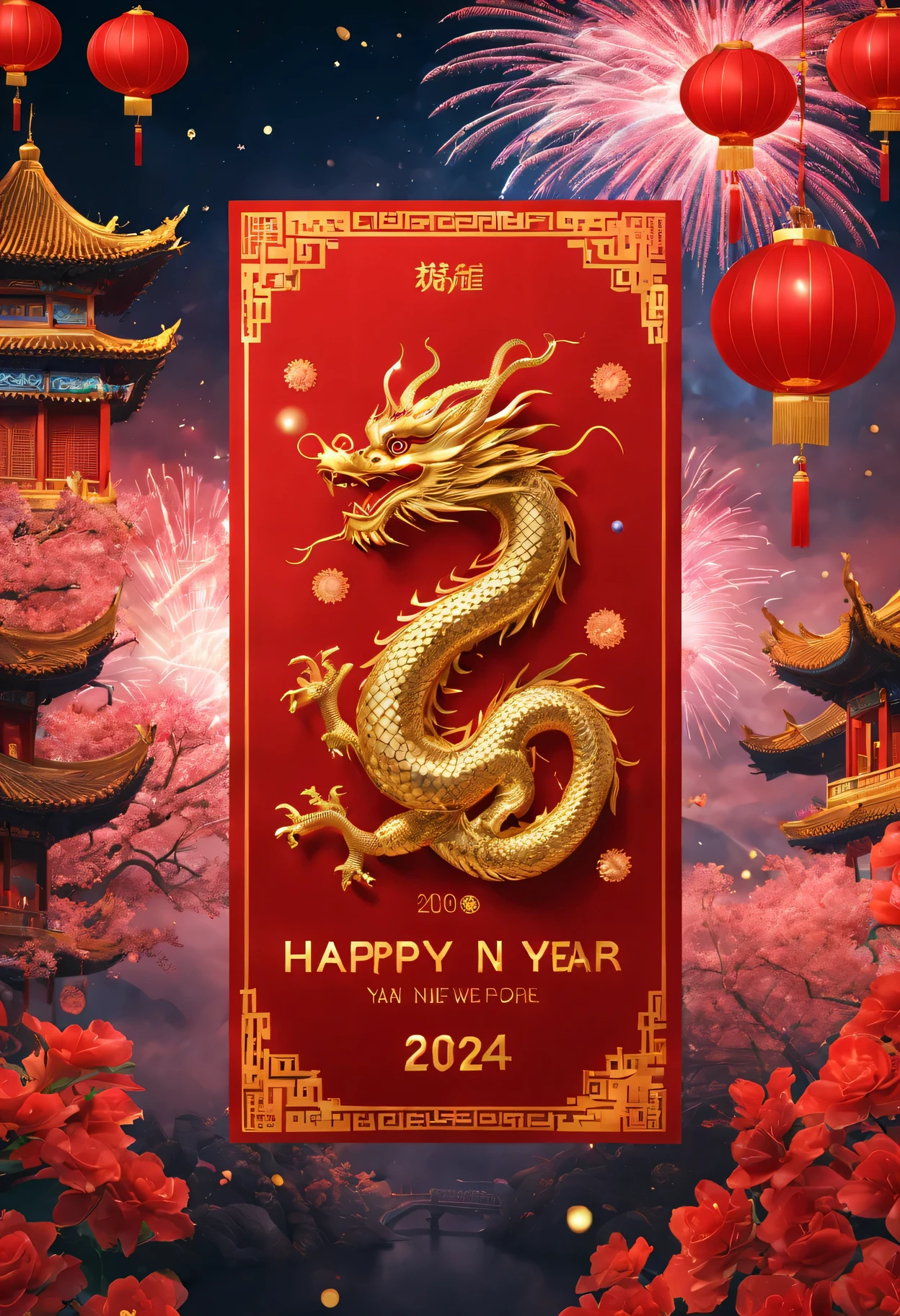 red envelopes,The cover has a golden Chinese dragon and words"Happy New Year 2024"words,(Boutiques,4K,masterpiece:1.2),Super fine,human development report,bright colors,spring,Shiny and vibrant,festive atmosphere,Intricate decorative border with traditional Chinese elements,dragon'Her eyes sparkle with magic and hope,Fireworks twinkling in the night sky。