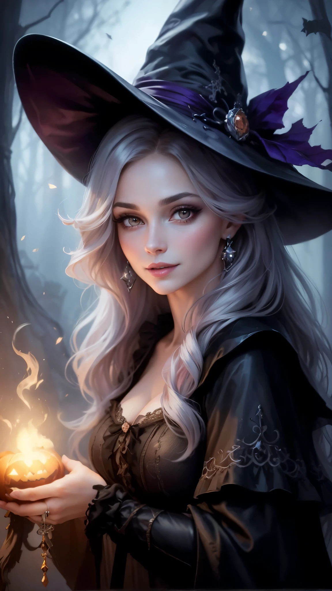 high quality, 8K Ultra HD, paintings with a Victoria Frances-like atmosphere, (halloween pumpkin), Detailed illustration of a fantastic beautiful witch, (beautiful face), (mature woman), perfect face, perfect eyes, perfect nose, perfect lips, paintings with a mysterious touch, awesome full color, little smile, (pink lips), blush on face, (blush), ((silver eyes))