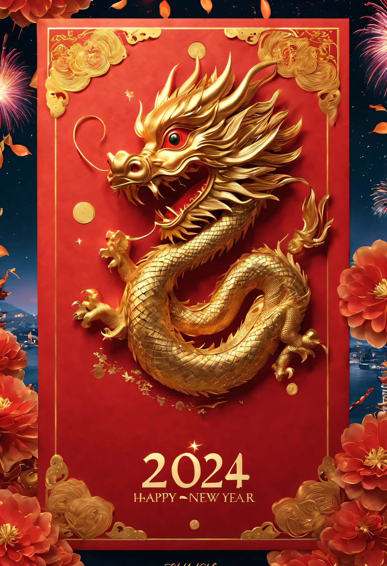 red envelopes,The cover has a golden Chinese dragon and words"Happy New Year 2024"words,(Boutiques,4K,masterpiece:1.2),Super fine,human development report,bright colors,spring,Shiny and vibrant,festive atmosphere,Intricate decorative border with traditional Chinese elements,dragon'Her eyes sparkle with magic and hope,Fireworks twinkling in the night sky。