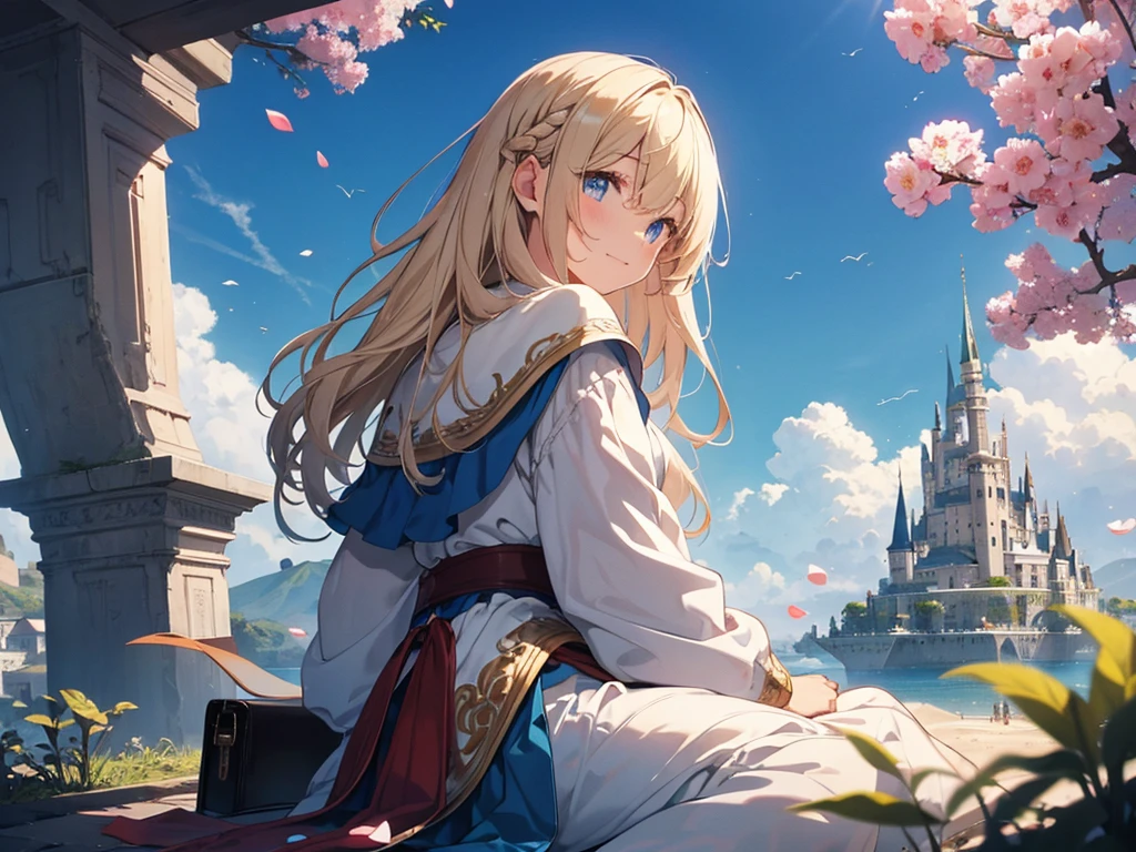 (masterpiece)++,(sweet illustration)+,detailed gradient eyes,outdoors, ((castle in the sky)), scenery, (((above the sky))), above the clouds, sunlight, 1girl, sitting, Light Blue tabard, from back, looking at viewer, medium bob, blonde hair, shiny wavy hair, blue eyes, light smile, long hair, petals, kanzashi, braided bangs, cute,, 14-yo, , temple, falling petals, ancient city, (((islands floating in the sky))), Laputa,