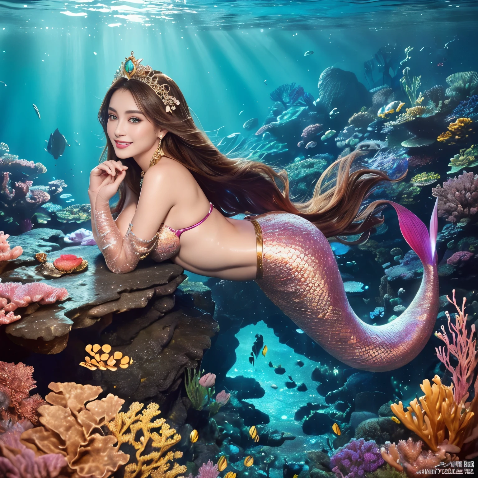 (highest quality、table top、8K、best image quality、hyper realism)、(Mermaid princess wearing the most luxurious and luxurious costume:1.1)、(The most luxurious and finest transparent sleeve:1.1)、(A mermaid princess swimming in the beautiful and luxurious rocky area of the deep sea.:1.2)、(Extremely complex and detailed ocean depictions:1.1)、(There are many beautiful small tropical fish and corals in the sea....:1.1)、(The most luxurious and glittering underwater city:1.3)、(Mysterious and most glorious beautiful underwater city:1.3)、(Detailed depiction of the beautiful ocean:1.1)、(Unimaginably beautiful and mysterious underwater depictions:1.1)、(Realistic scales with very intricate glowing pink and red gradients:1.1)、(Mermaid goddess swimming in a beautiful rocky area in the deep sea Upper body photo:1.1)、(Accurate mermaid tail and beautiful fins)、Beautiful sea that shines intricately、Clear and detailed background,、(accurate anatomy:1.2)、(perfect hands:1.1)、(The most luxurious and finest jewelry decoration throughout the body:1.1)、golden decoration、the most gorgeous goddess sleeves、the most luxurious decoration、large amount of intricate gemstones、beautiful brown hair、Highly detailed glowing pink and red scales、(最も贅沢でhighest qualityの巨大ティアラ:1.1)、(that&#39;It&#39;s very vivid, Fantastic and mysterious:1.2)、(最も贅沢でhighest qualityのジャイアントネックレス)、Beautiful sparkling pink and red gradation mermaid tail、perfect makeup、(the best smile when you look at me:1.2)、slightly pregnant