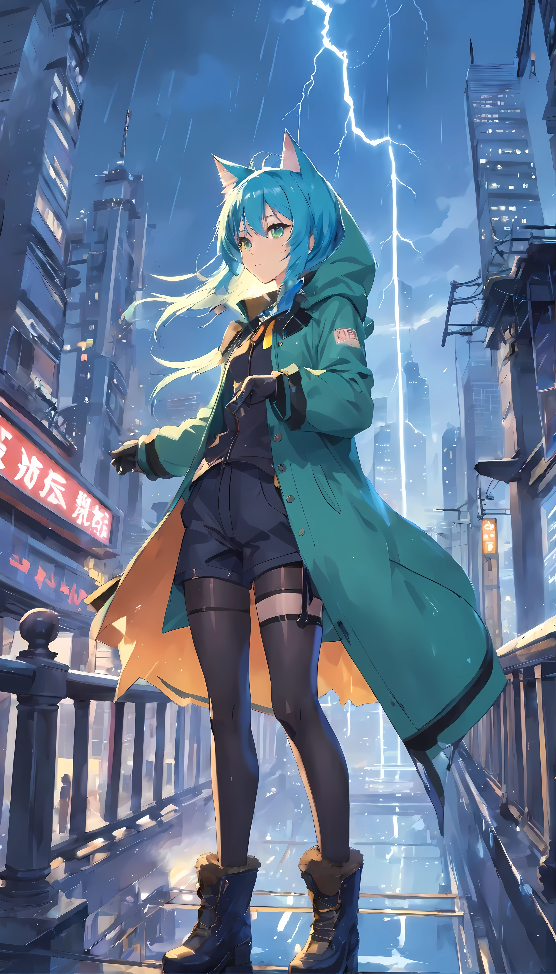 (extremely deTailed CG unity 16k wallpaper:1.1), (Denoise intensity: 1.45), (tmasterpiece:1.37), (full body pose:1.4:), full length, dynamic angle, starry Sky, Realistic texture, Side lighting, (ultra deTailed:1.5), ((disheveled hair)), (1 girl), alone, Gender ambiguity, animal ears, artist name, Black鞋类, Black Gloves, Black Pants, Black ribbon, blue coat, blue hair, boots, architecture, bulletproof vest, cat ears, catTail, Warning tape, A broken architecture, Character name, City, Cityscape, cloud, cloudy Sky, coat, dead body, crane (machine), crystal, cuts, eyelash, Gloves, green eyes, grey coat, hood, hood down, hood up, hooded coat, pierced, Injuried, parry, ladder, leg ribbon, lightning, long hair, look up, mask, meteor, open clothes, open coat, outdoor, Pants, open lips, railing, rain, ribbon, roof, side lock, Sky, Skyscraper, Tail, very long hair, (Heavy rains), Negative prompt, smooth reflection, (Specular reflection, ((illustration)), spark, glowing light, Ray tracing, ((masterpiece)), (((best quality))), ultra high definition,Black