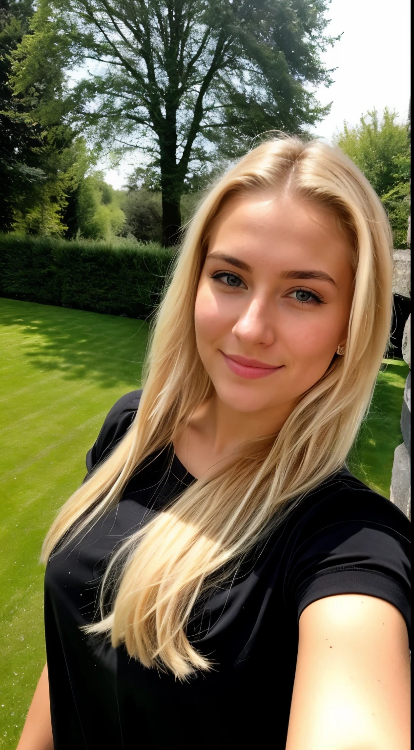 A 23 year old blonde woman, ((big )), ((Hyperrealismus)) ,. Blondes Haar mit hellbraunem Ansatz. blondes Haar, Haare mit braunen Wurzeln, extra langes Haar, sehr langes Haar, wirklich lange Haare, Nice, Vorderansicht, Selfie, Mit dem iPhone aufgenommenes Foto, elegantes schwarzes Hemd mit Escote, escotada, Selfie in the garden, Good quality, Selfie iPhone, Dekollete