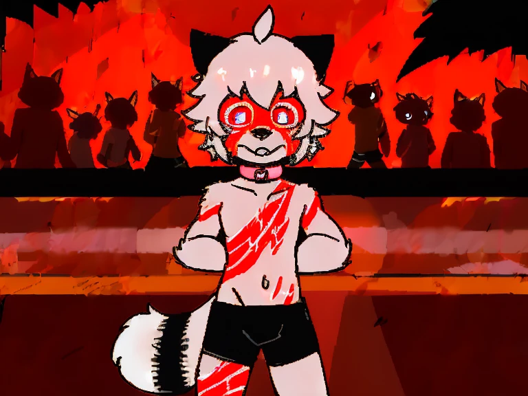 (4K,8k,best quality,meticulous details,DeliCate light,DeliCate short hair)Cat,white hair,There'a bit strange,black shorts,Big blue striped tail,Shota,Covered with scars,Pink collar,crazy,in a subway station,Red filter