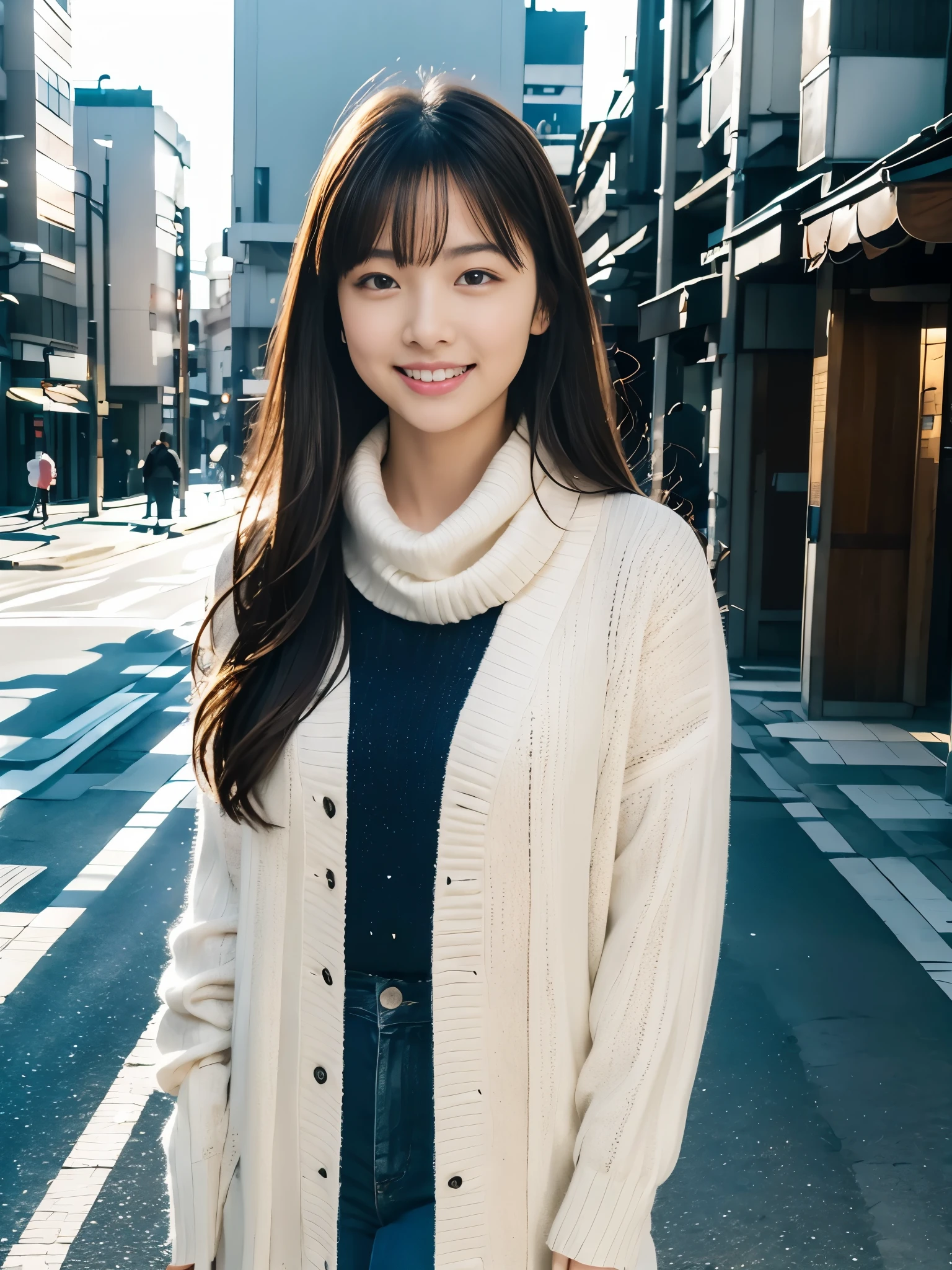 Photoreal, 8K full-length portrait, Beautiful woman, attractive look, Clear system, , Tokyo city, winter, Shibuya in the background
