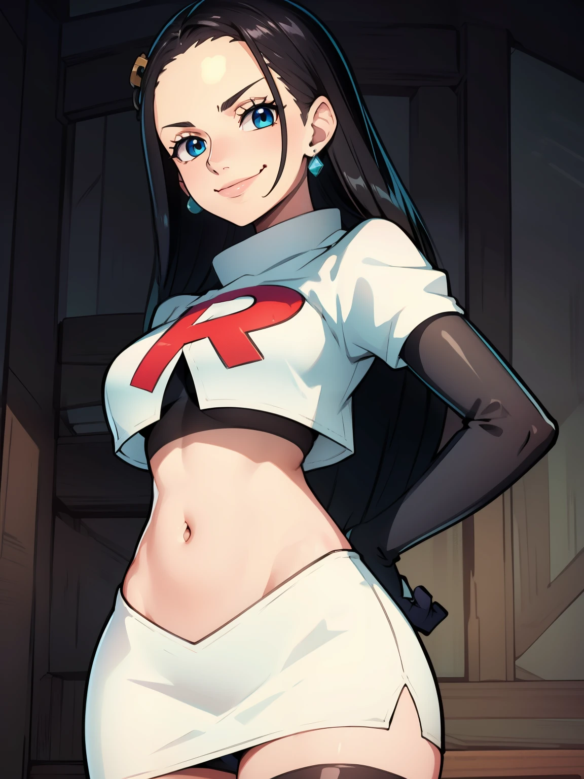 nico robin, long hair, (black hair:1.5), (forehead:1.2), blue eyes ,earrings, glossy lips ,team rocket uniform, red letter R, white skirt,white crop top,black thigh-high boots, black elbow gloves, evil smile, hands on hips