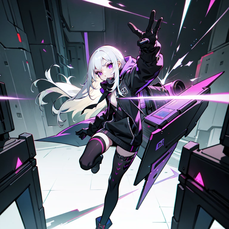 1girl, slim build, long white hair, albino, purple eyes, white eyelashes, short white eyebrows, flat chest, unzipped baggy black cyberpunk hoodie, hood with triangle armor lining, black tights, black boots, black gloves, gas mask, kicking a vending machine, solo, best quality, masterpiece, portrait, cyberpunk concrete background, looking at the camera, from the front, detailed, perfect anatomy, both hands visible, detailed art, high definition, 4k, high resolution